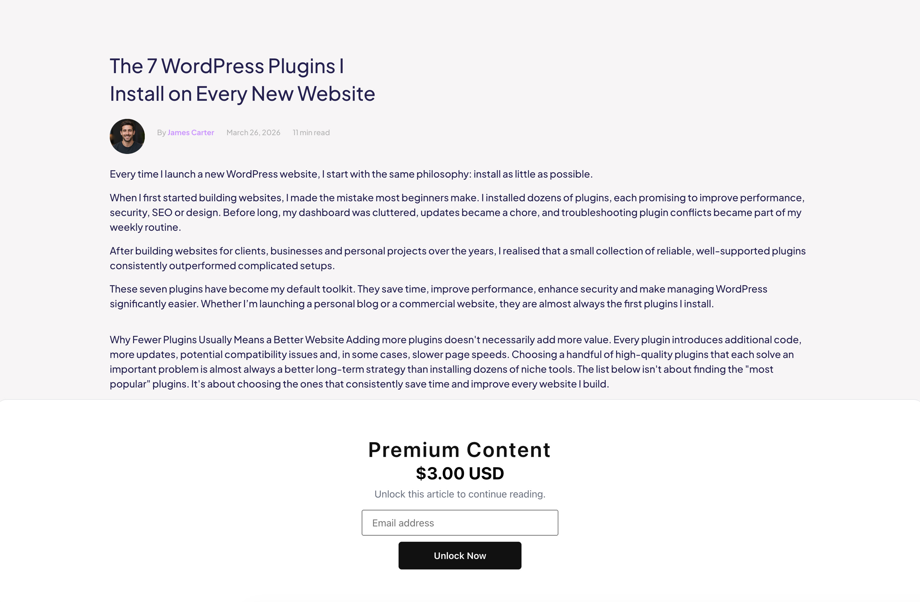 Article paywall displayed on the front end.