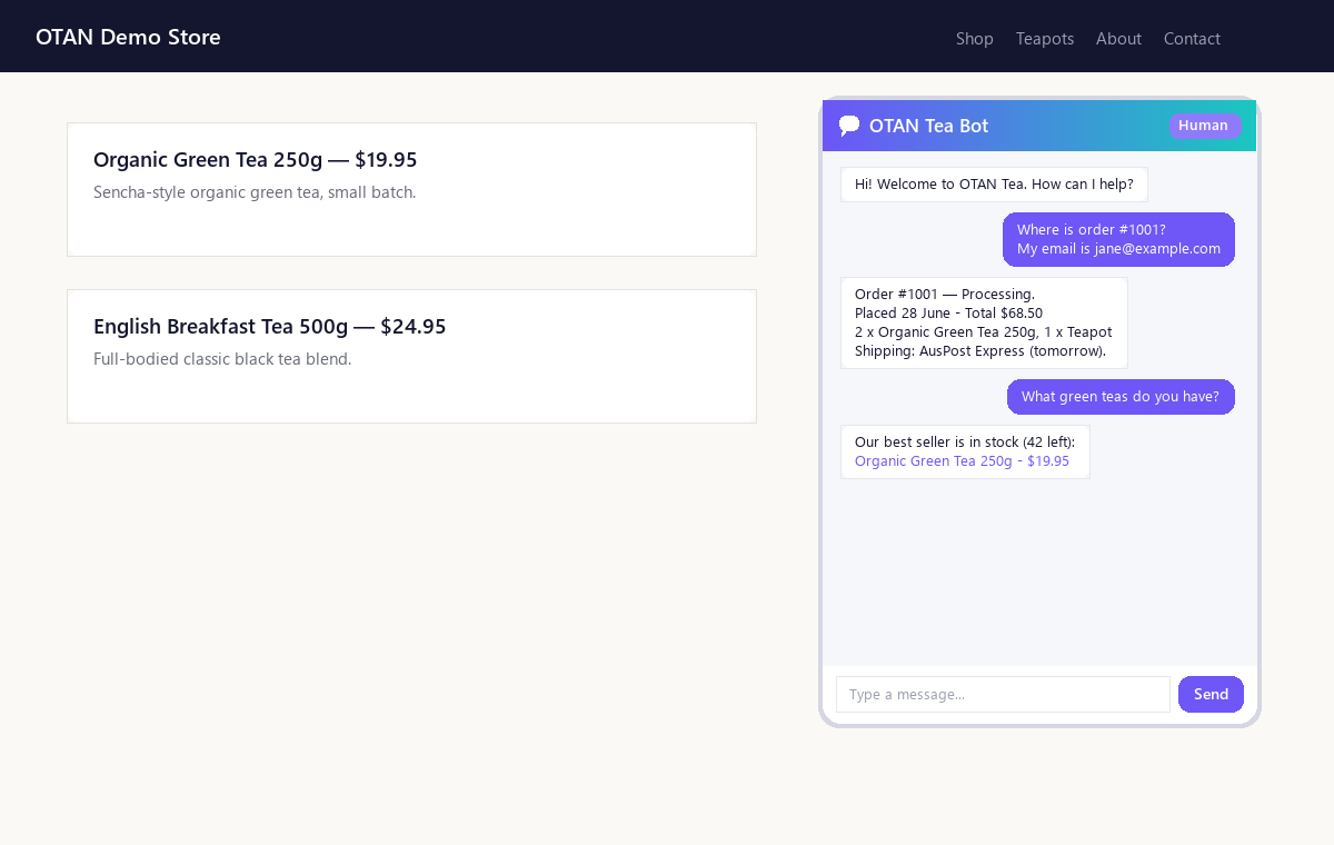 The chat widget answering a WooCommerce order-status question with clickable product links.
