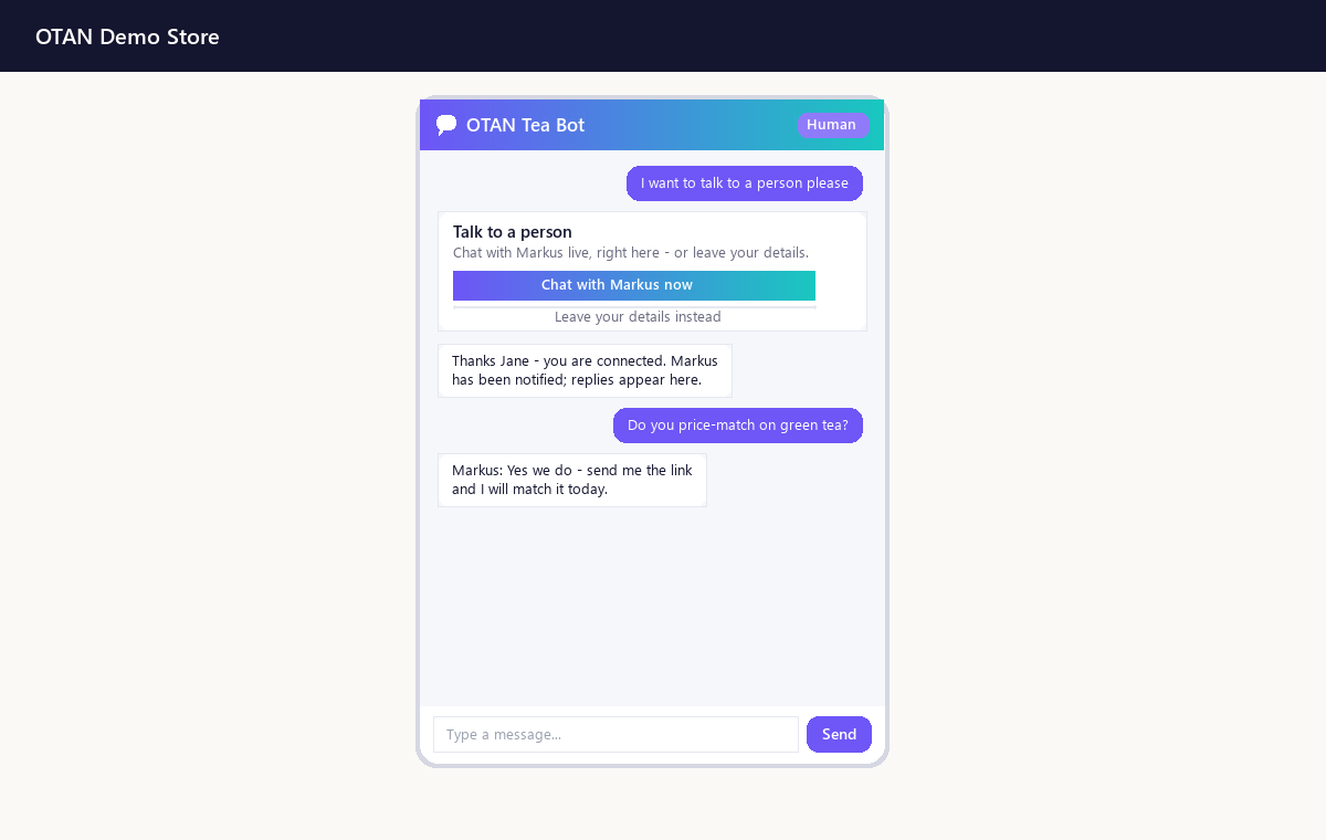 Live human chat — the visitor leaves name + email, then talks to your team member in real time.