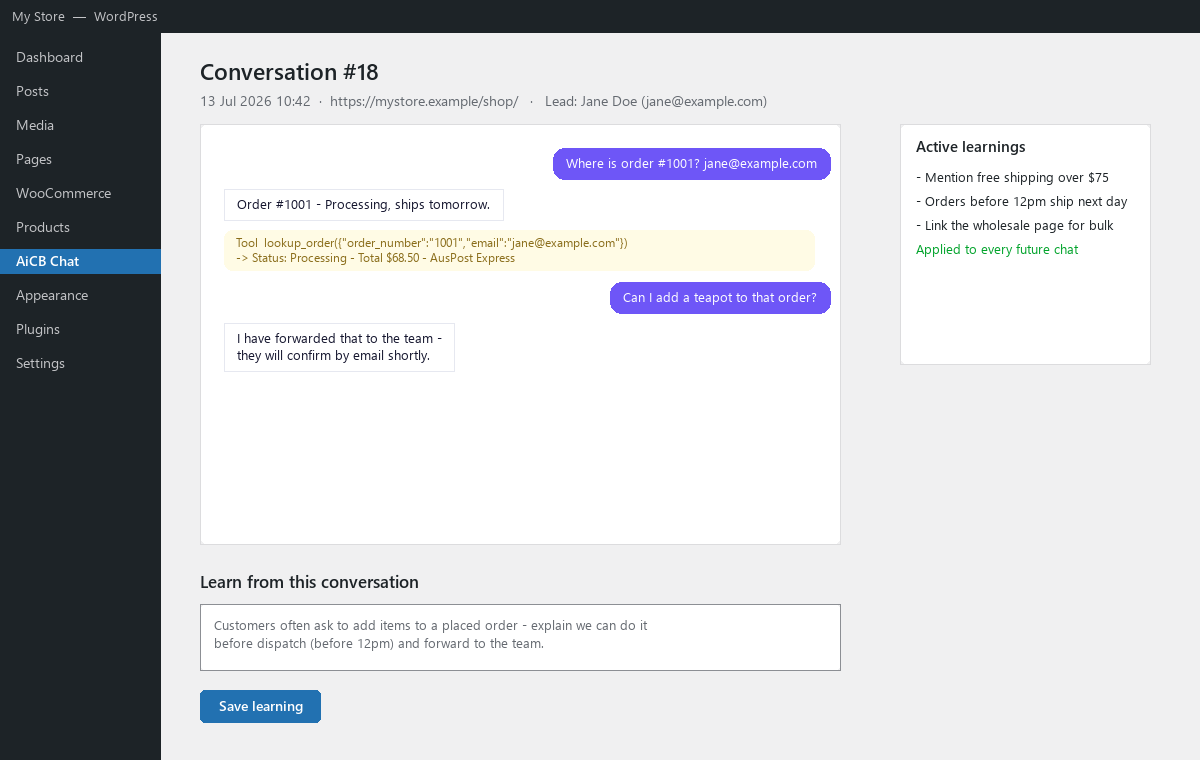 Conversation review — full transcripts (including tool calls) with one-click "learnings" the assistant applies to future chats.