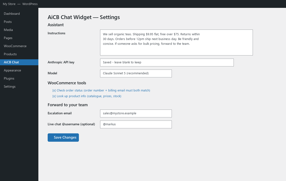 Settings — instructions, model, WooCommerce tools, escalation email and the optional AiCB connection.