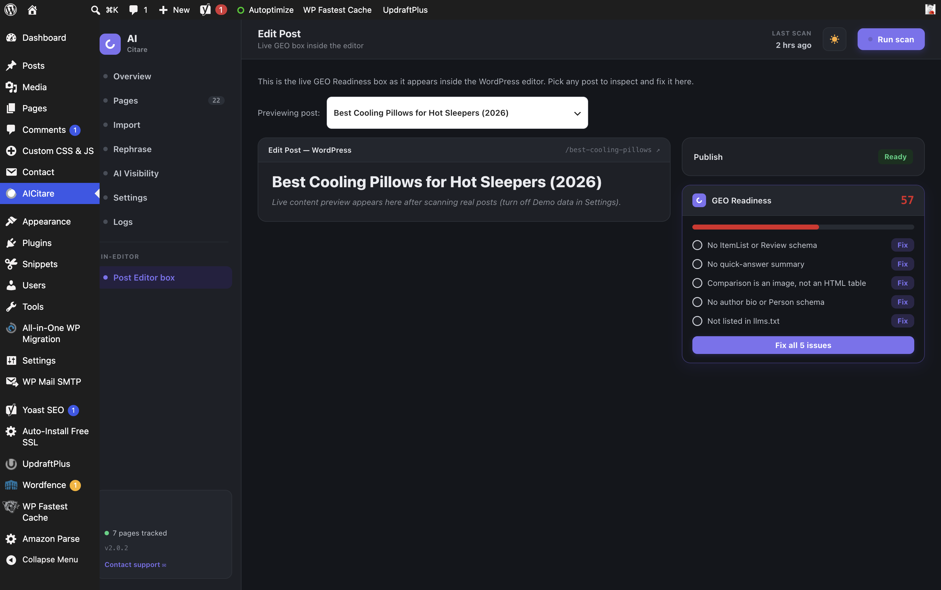 In-editor GEO Readiness box — live score and a one-click fix-it checklist (ItemList/Review schema, quick-answer summary, HTML table, author/Person schema, llms.txt) right inside the WordPress post editor.