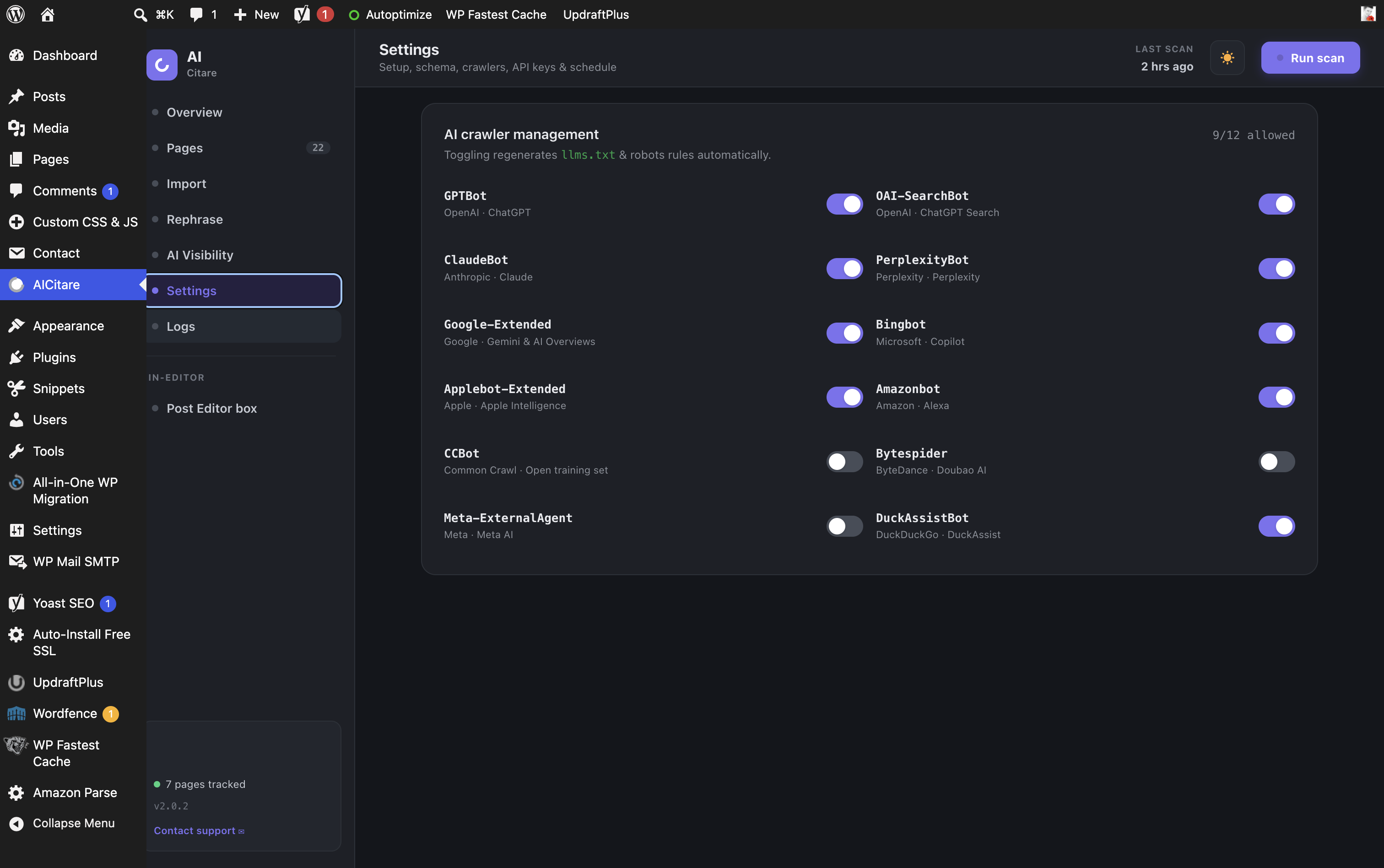 AI crawler management — allow or block 12 AI crawlers (GPTBot, ClaudeBot, PerplexityBot, Google-Extended and more); toggling regenerates llms.txt and robots rules automatically.