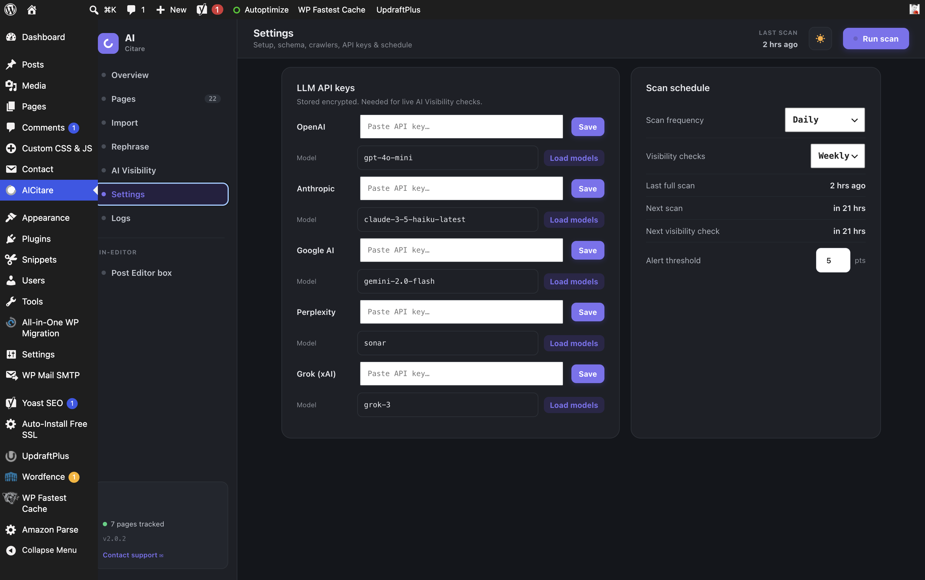 LLM API keys & scan schedule — bring your own keys (stored encrypted) for OpenAI, Anthropic, Google, Perplexity and xAI, plus scan and visibility-check frequency.