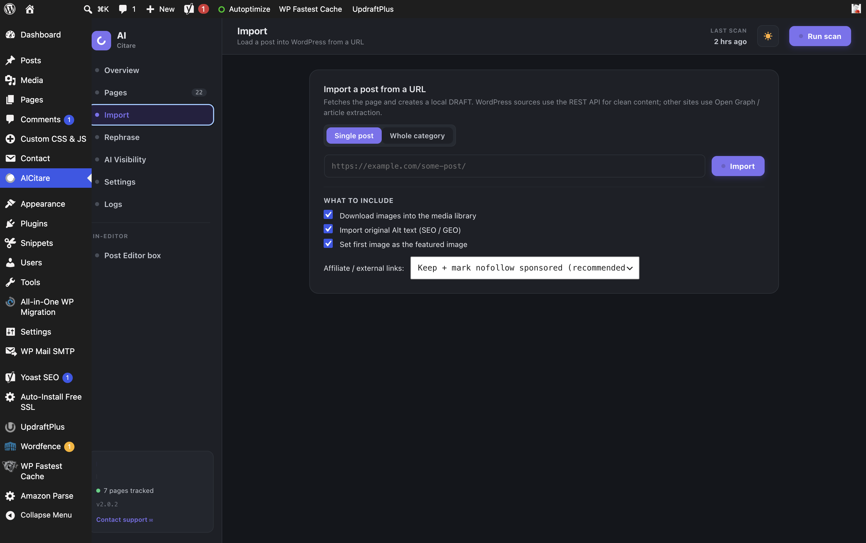 One-click content import — import a single post or a whole category from a URL, with images, alt text, featured image and nofollow affiliate links.
