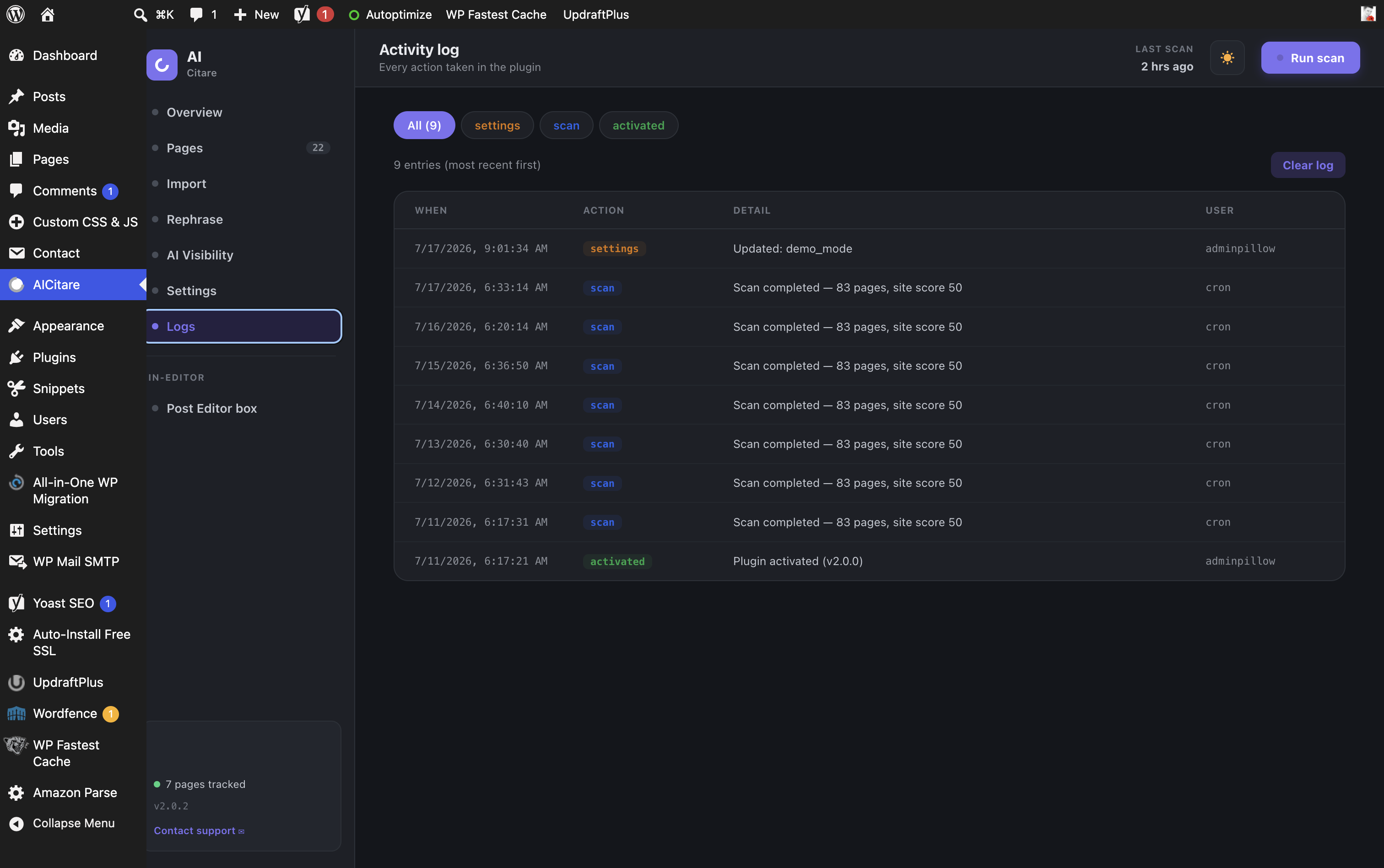 Activity log — full audit trail of every fix, scan, settings change and visibility check, filterable by action type.