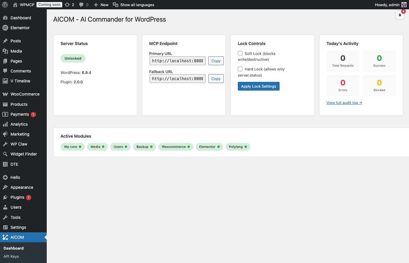 <strong>Dashboard</strong> — Real-time server status, MCP endpoint URL, lock state indicator, today's request count broken down by result, and list of active modules with tool counts.