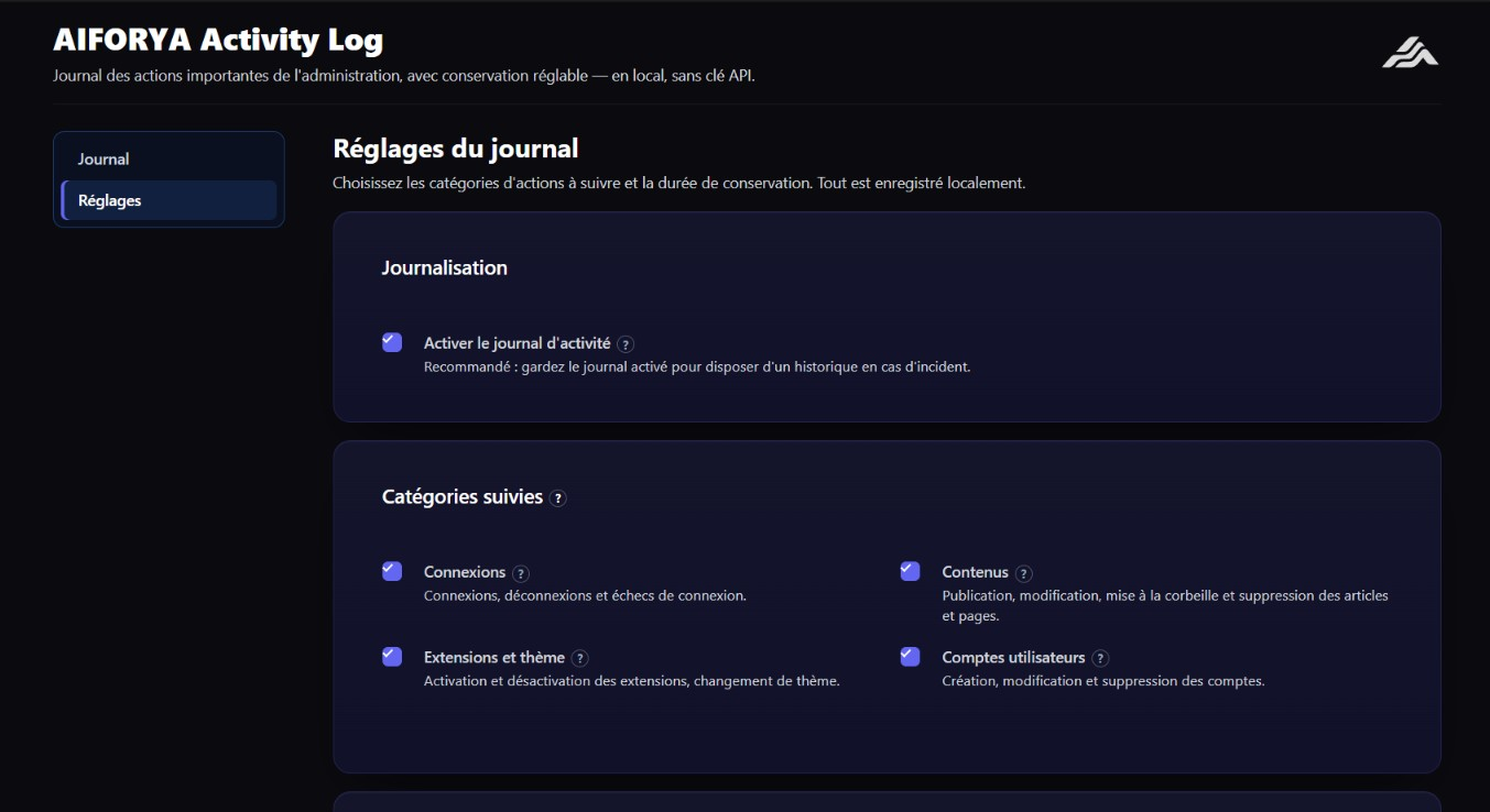 Settings: tracked categories and retention period.