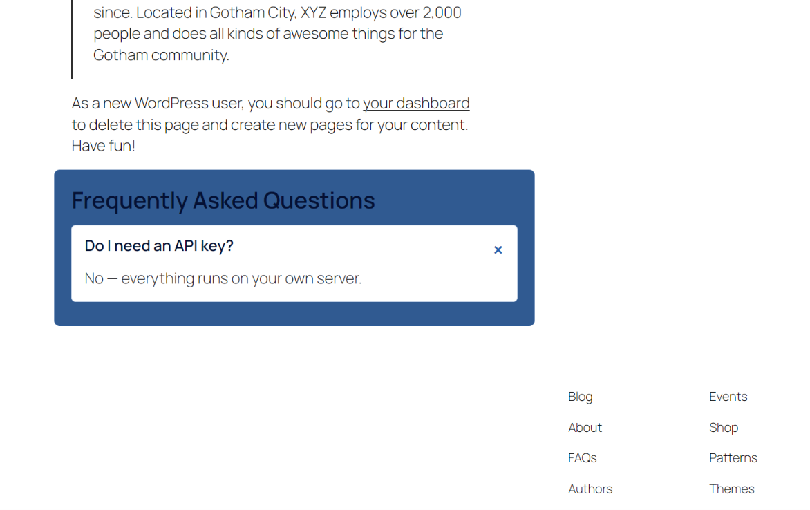 The FAQ rendered on the front end: accordion layout, with schema.org FAQPage markup.