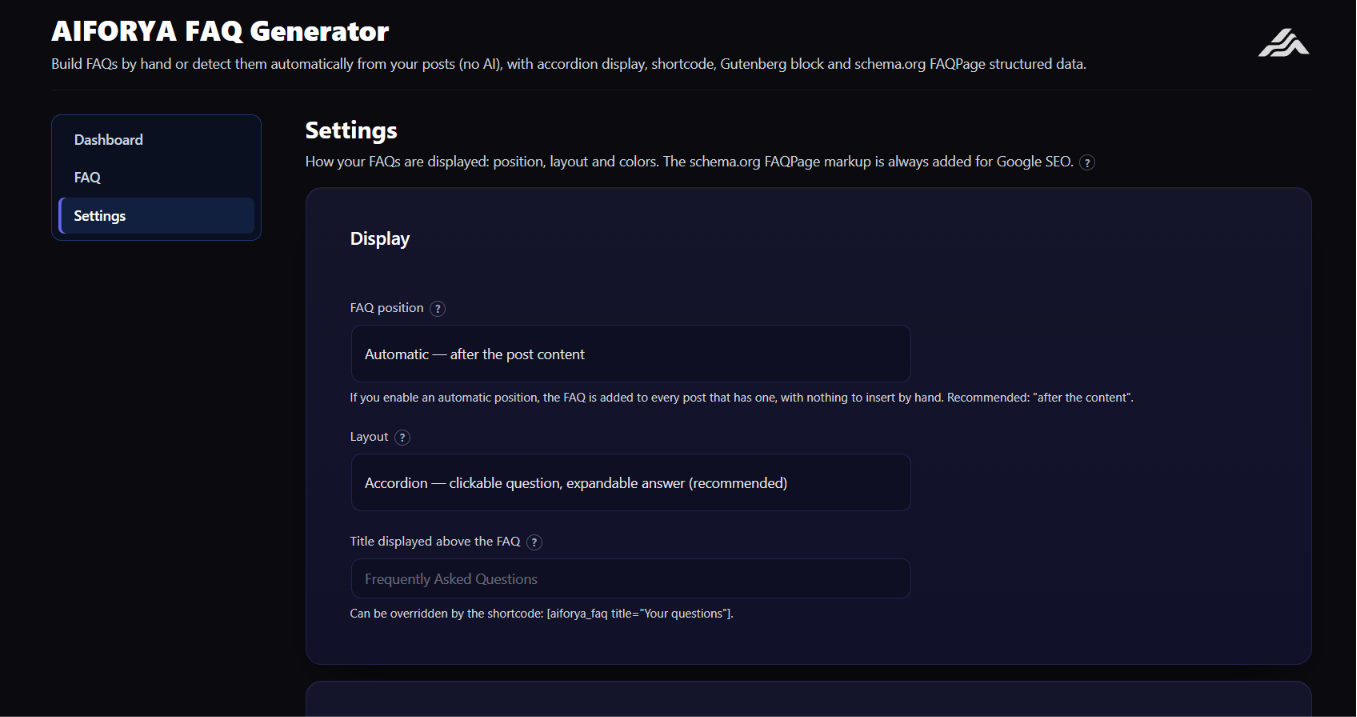 Settings: where the FAQ appears, which layout, and the heading shown above it.