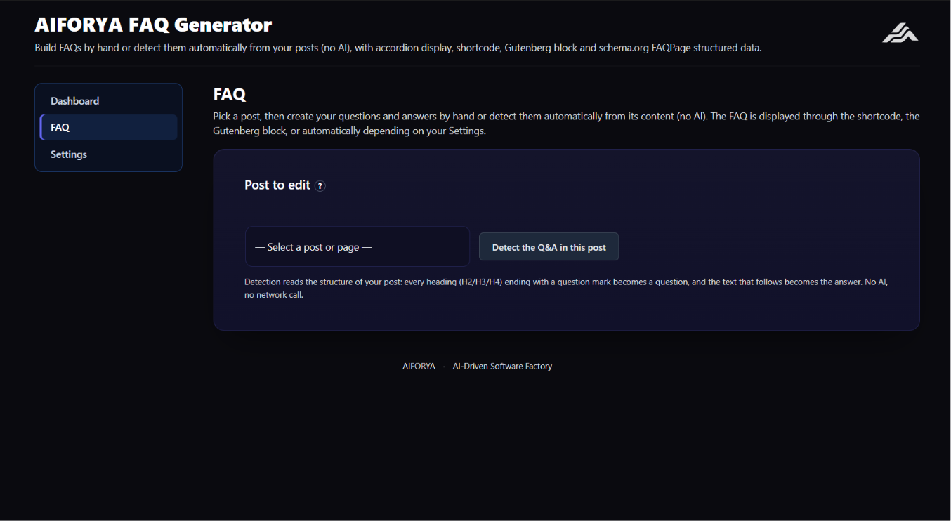 FAQ tab: pick a post, then write the questions by hand or detect them from its content.