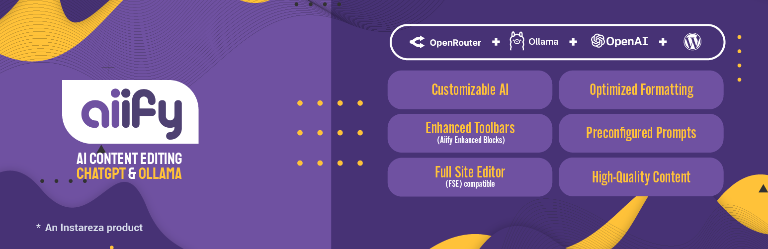 WordPress 外掛 Aiify – ChatGPT, Ollama and OpenRouter AI Copywriting, Content Writing and Editing 的封面圖片。