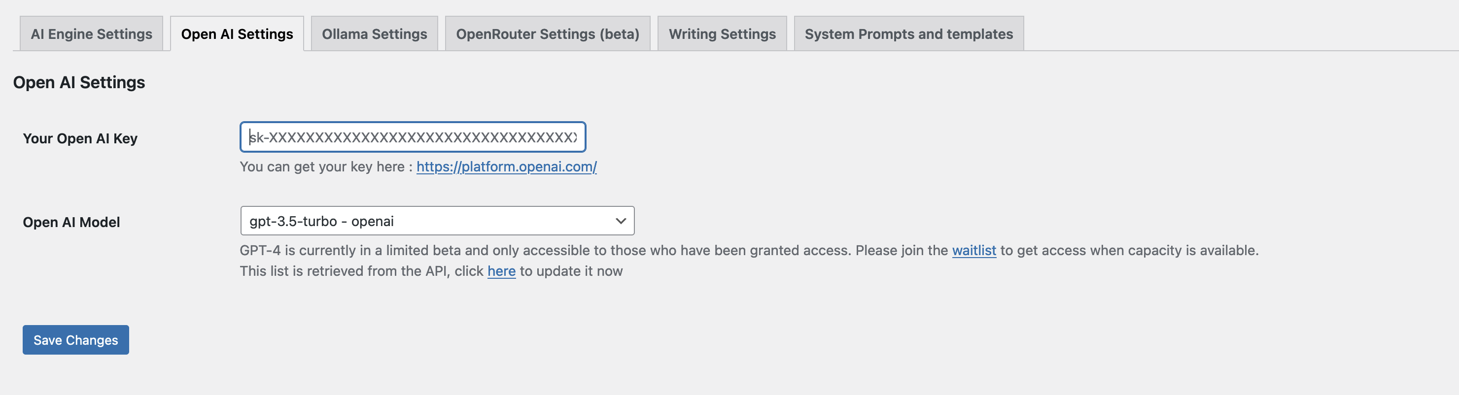 Aiify OpenAI setting