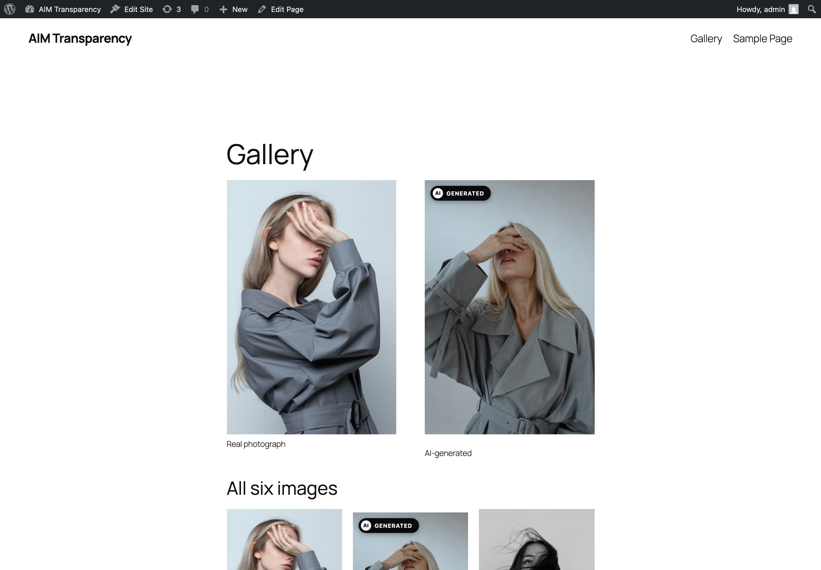 The "AI Generated" badge on the front end — a real photo and its AI counterpart, side by side.