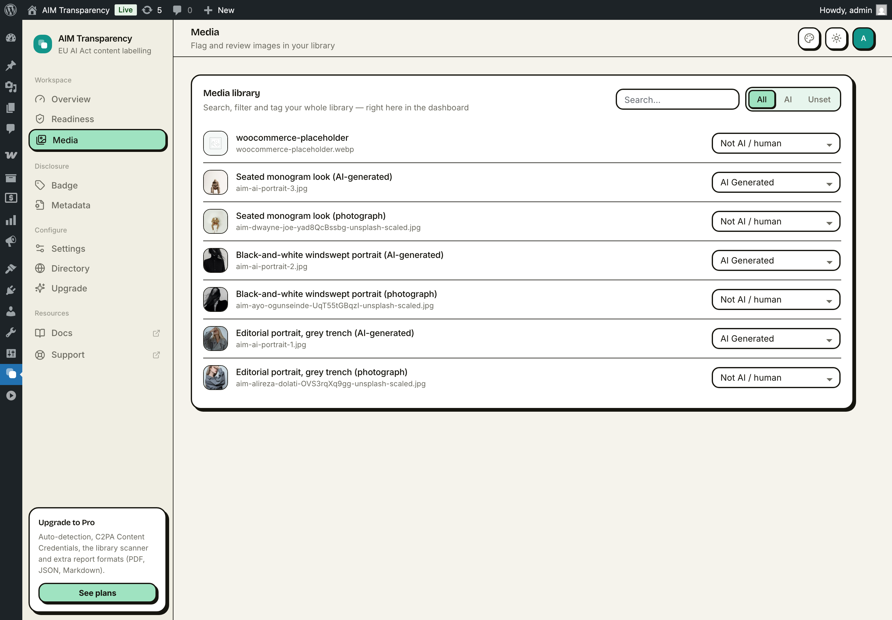 Tag your whole library from the dashboard — search, filter and set each image's type.
