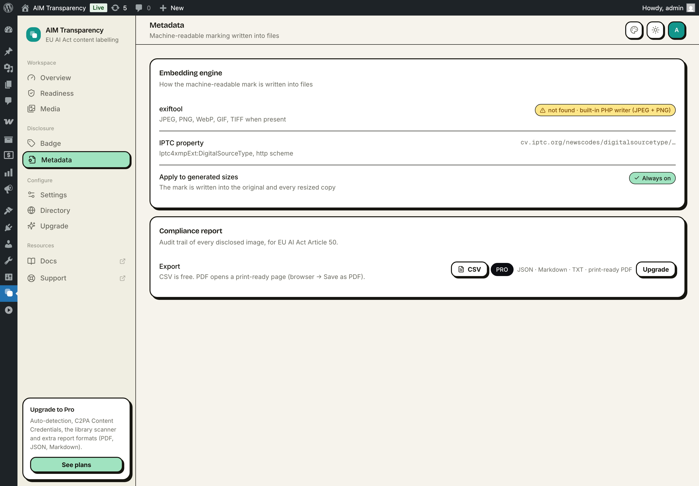Embedded metadata and the compliance report export.