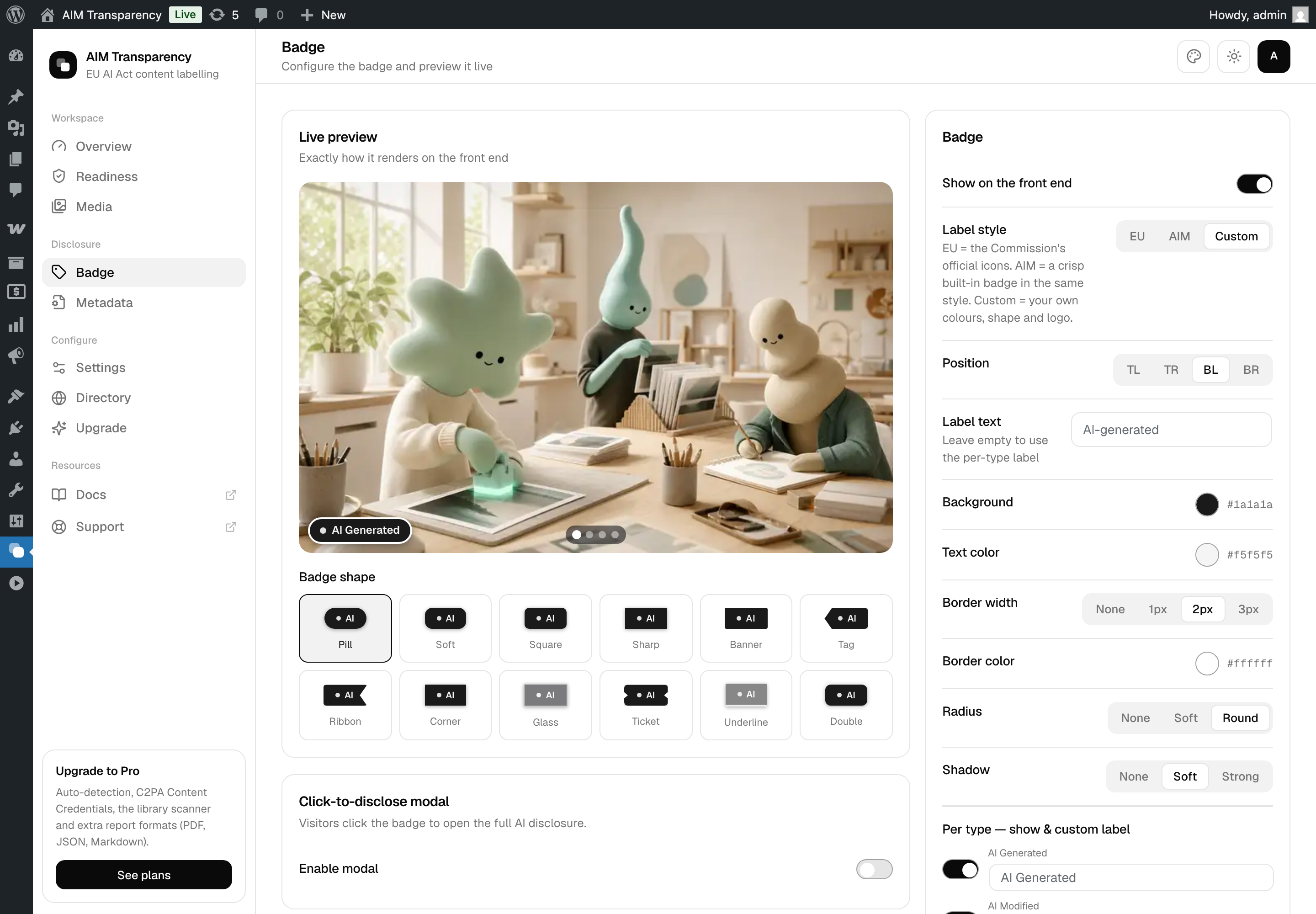 Badge Studio in the Classic theme — the same twelve shapes, styles and live preview.