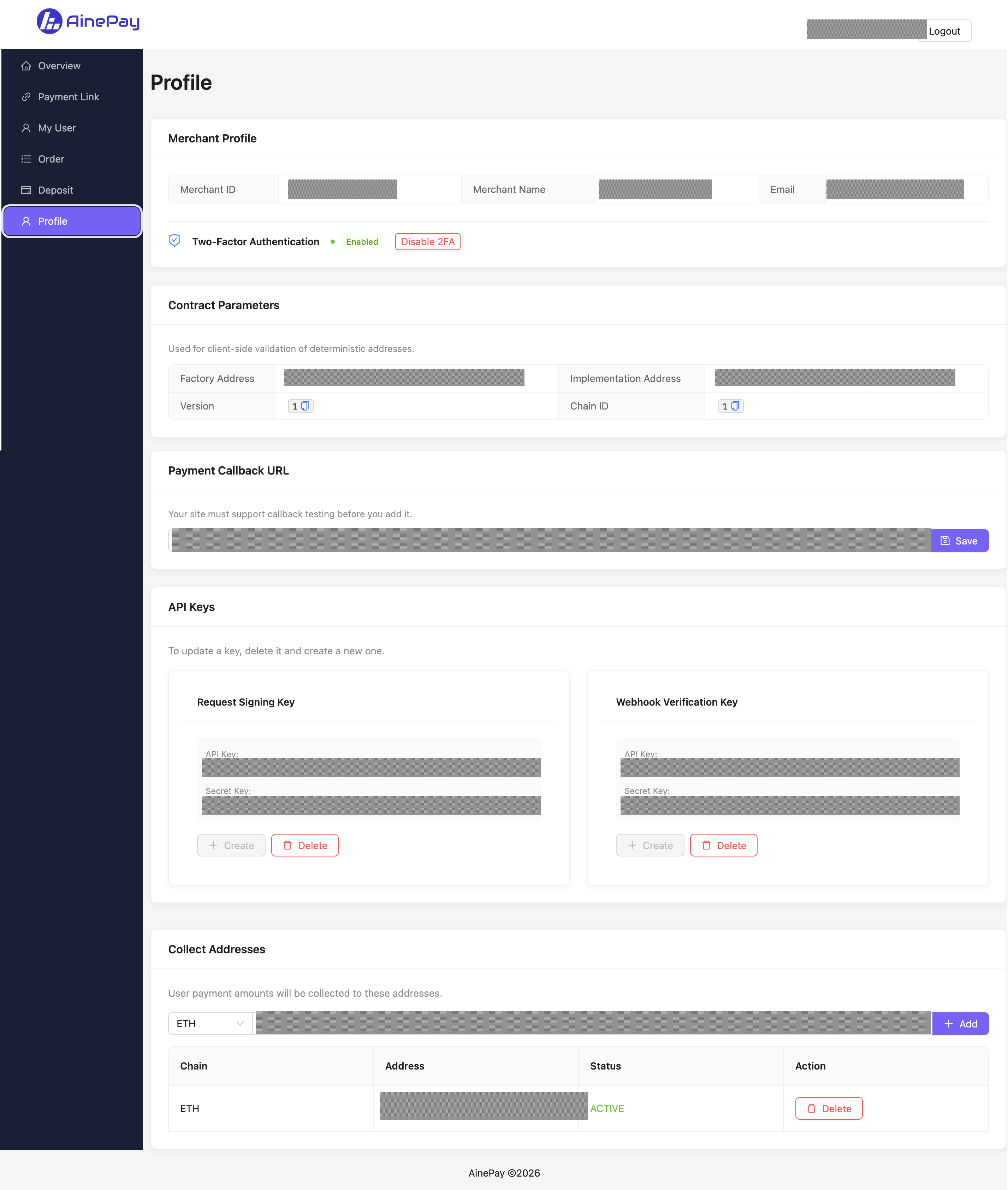 Configure the merchant profile, contract parameters, callback URL, API keys, and collection addresses in the AinePay dashboard.