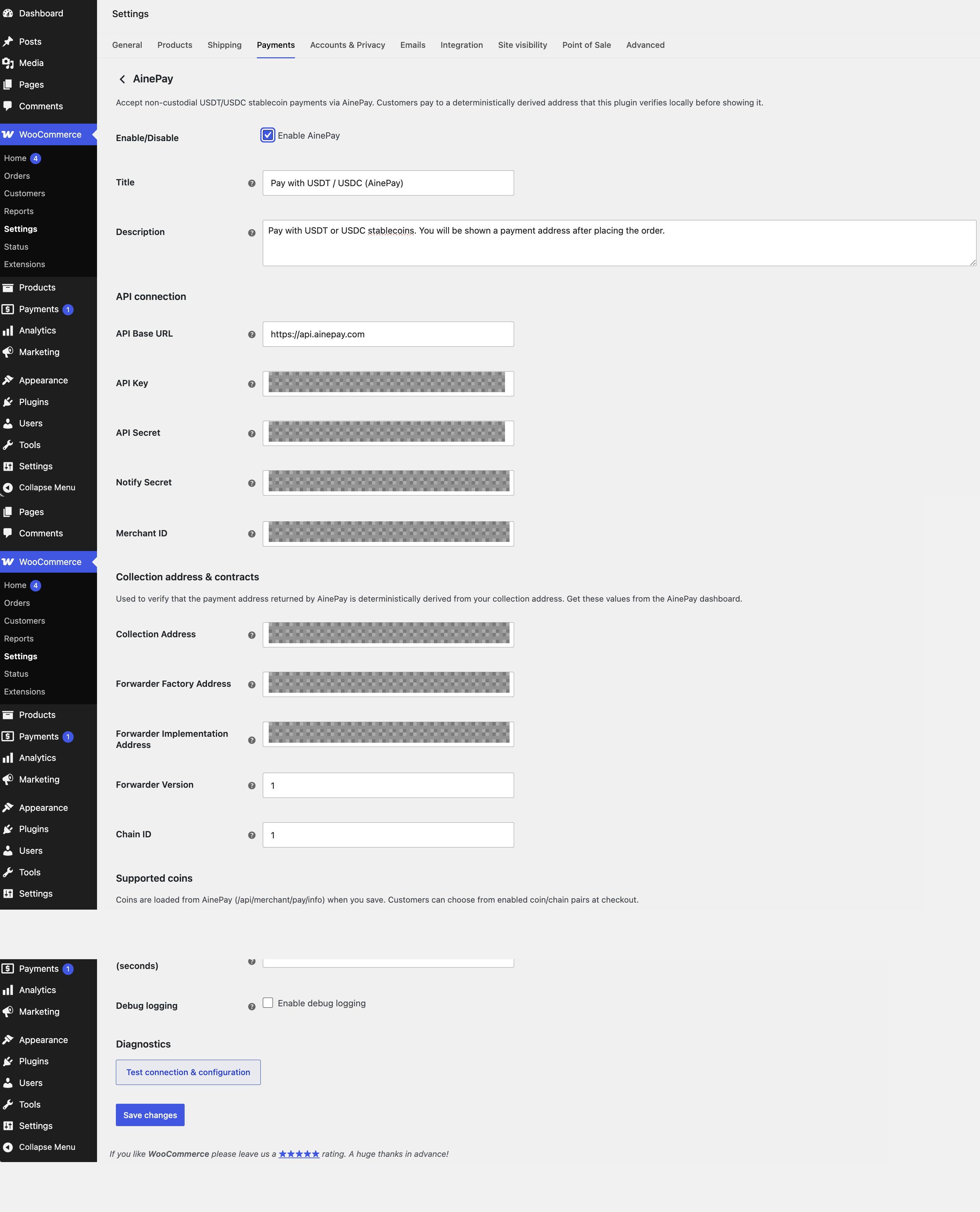 Configure the AinePay payment gateway in WooCommerce, including API credentials, collection address, contract parameters, supported coins, and diagnostics.