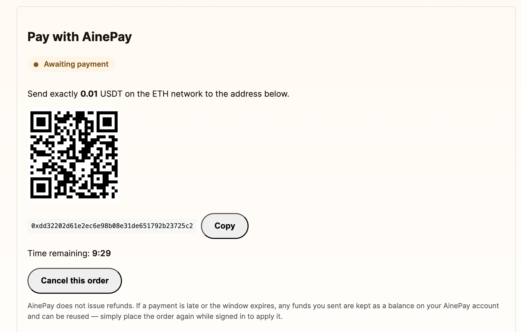 The customer payment screen showing the amount, network, QR code, payment address, countdown, and order cancellation option.