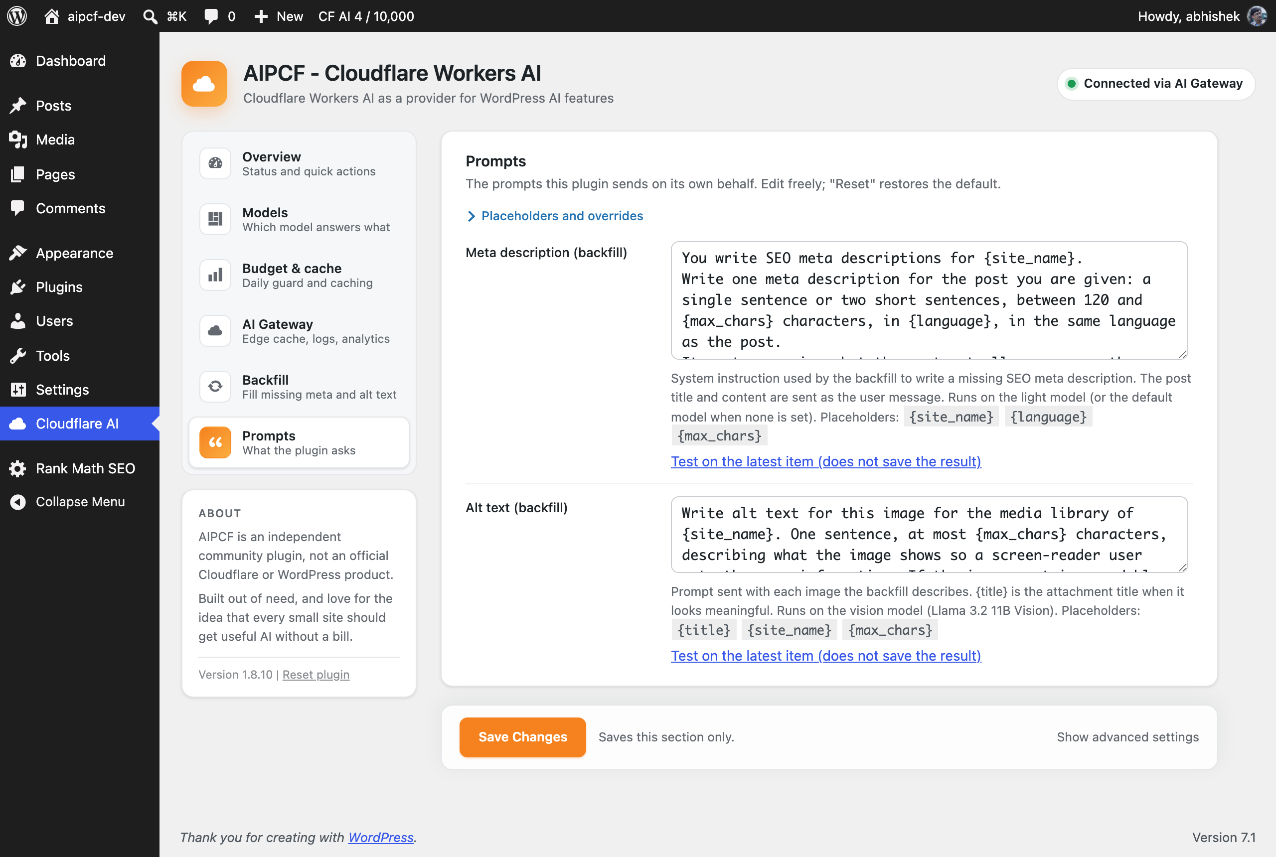 Prompts: every plugin prompt, editable, with a test button.