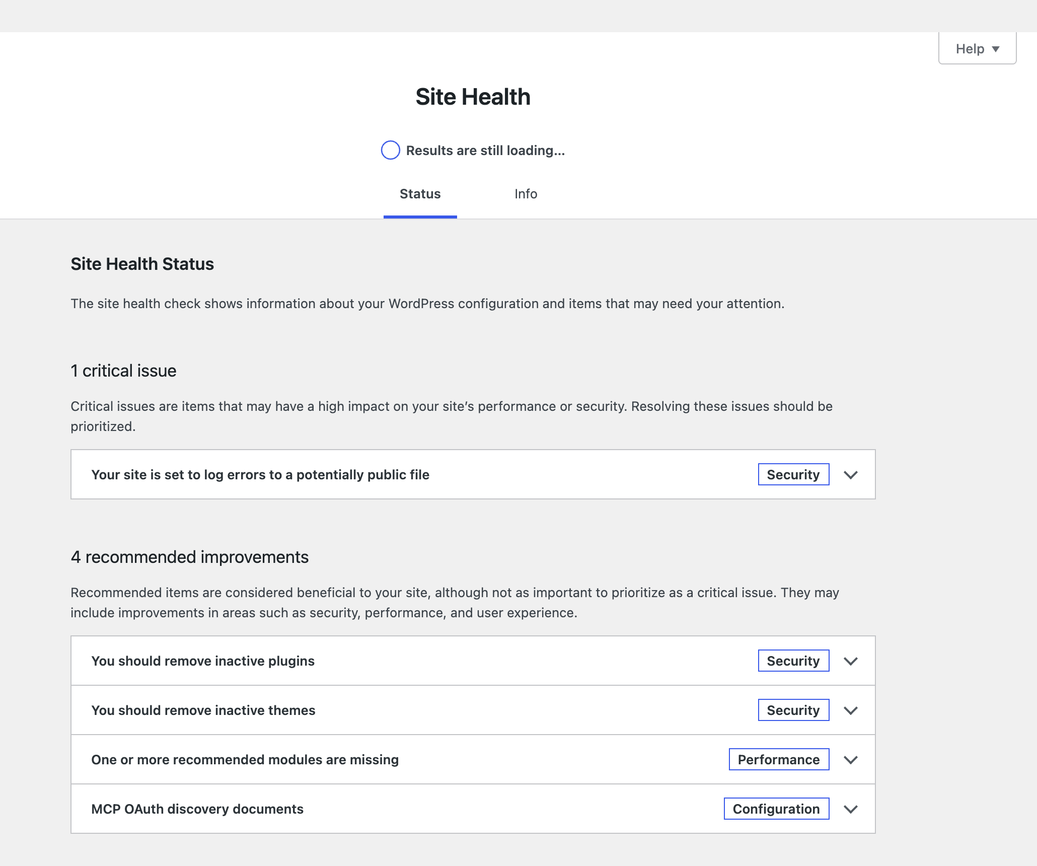 Site Health showing the Cloudflare Workers AI test.