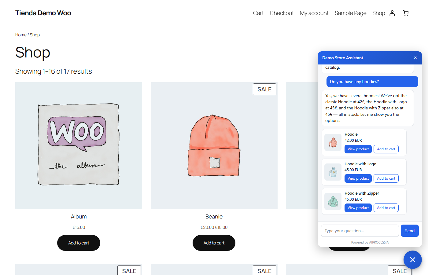 The assistant selling in a WooCommerce store: it answers with the real catalog and shows product cards with photo, price, "View product" and "Add to cart".