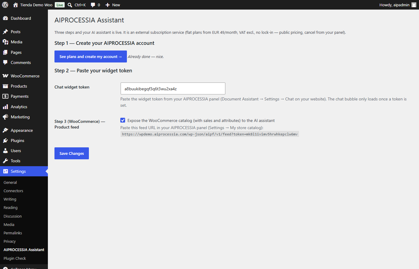 Three-step setup screen: create your account, paste your widget token and (with WooCommerce) enable the product feed.