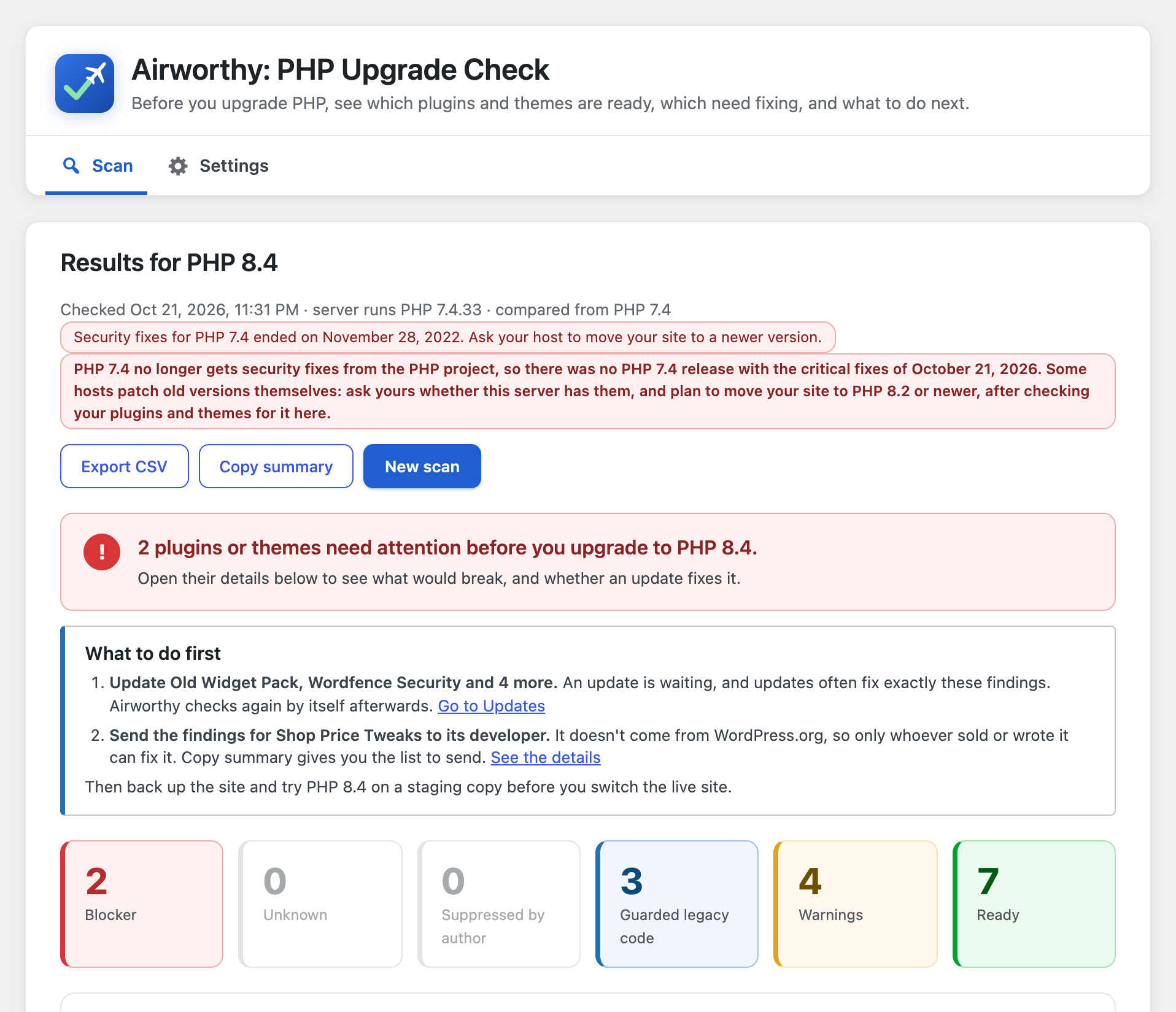 One clear answer for the whole site, the steps to take first, and a count for each verdict.