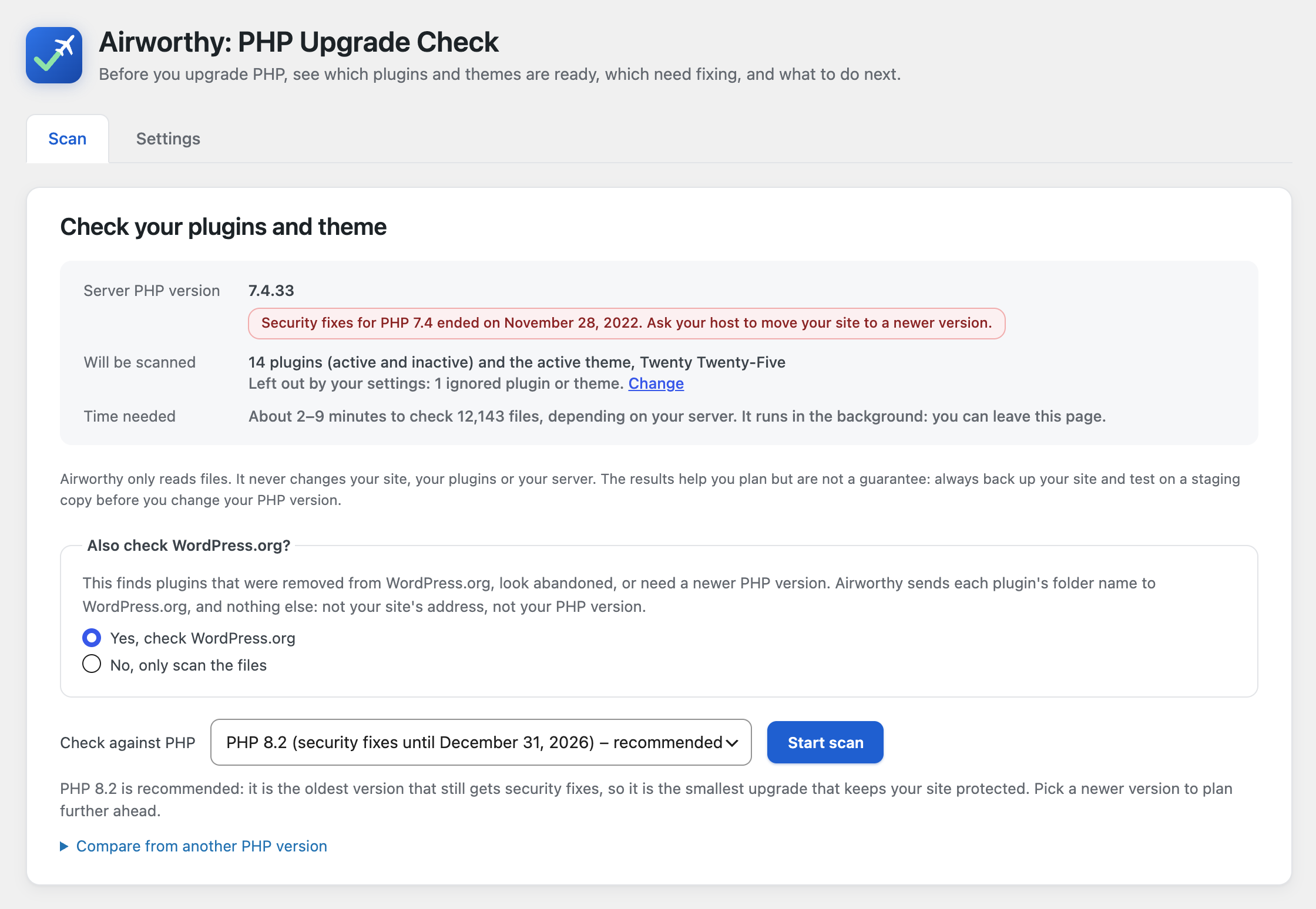 Pick the PHP version to check against. Airworthy suggests the oldest version that still gets security fixes, and shows how long your server's current version has left.