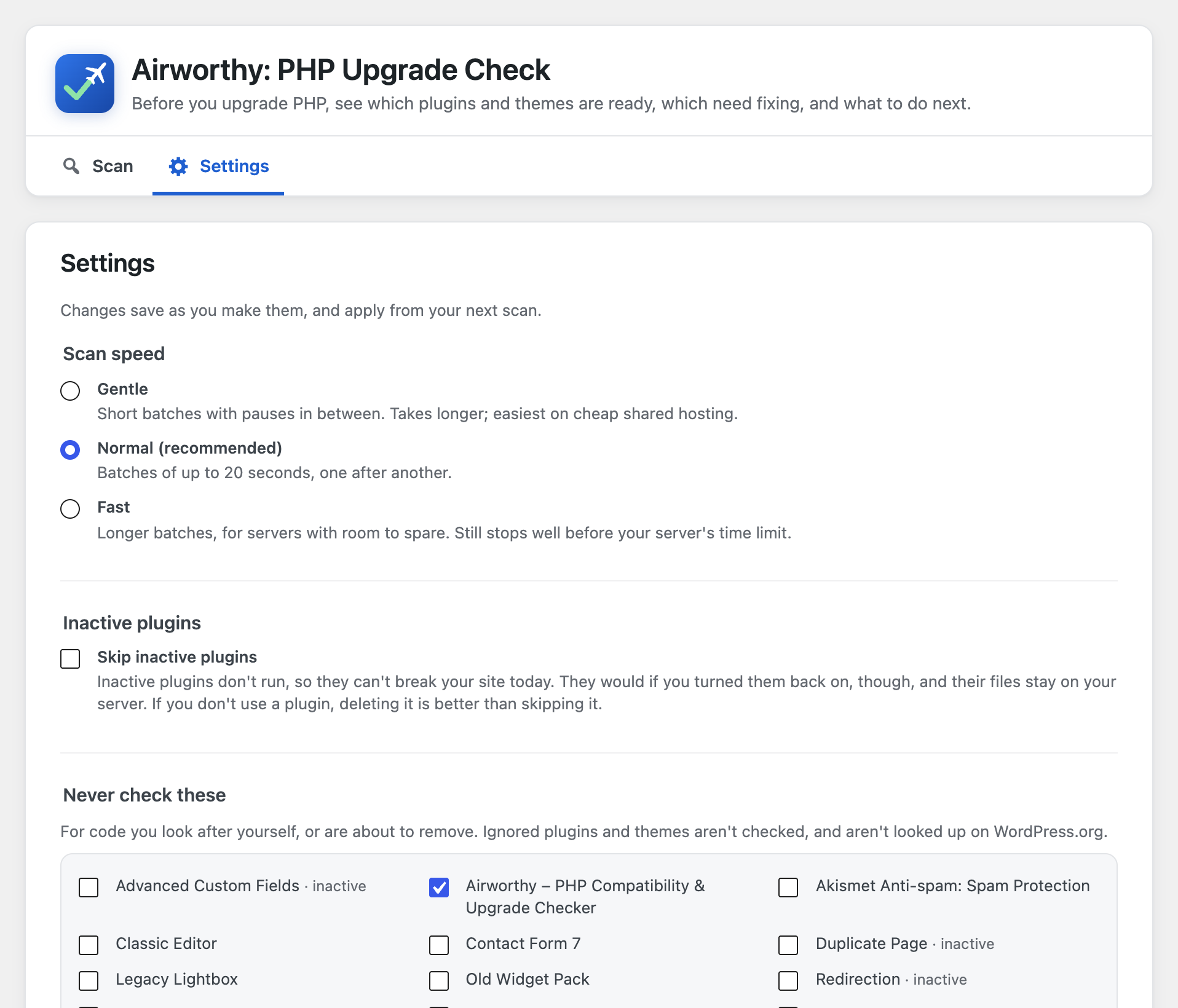 Settings: skip inactive plugins, never check chosen plugins or themes, and pick a scan speed that suits your hosting. Changes save as you make them.