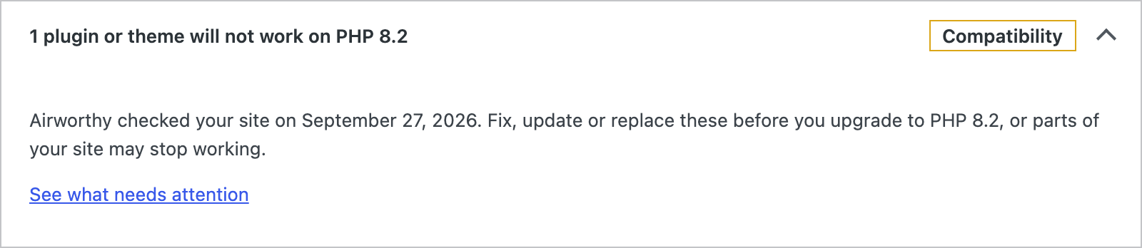 A PHP upgrade check in Tools > Site Health, next to WordPress's own checks.