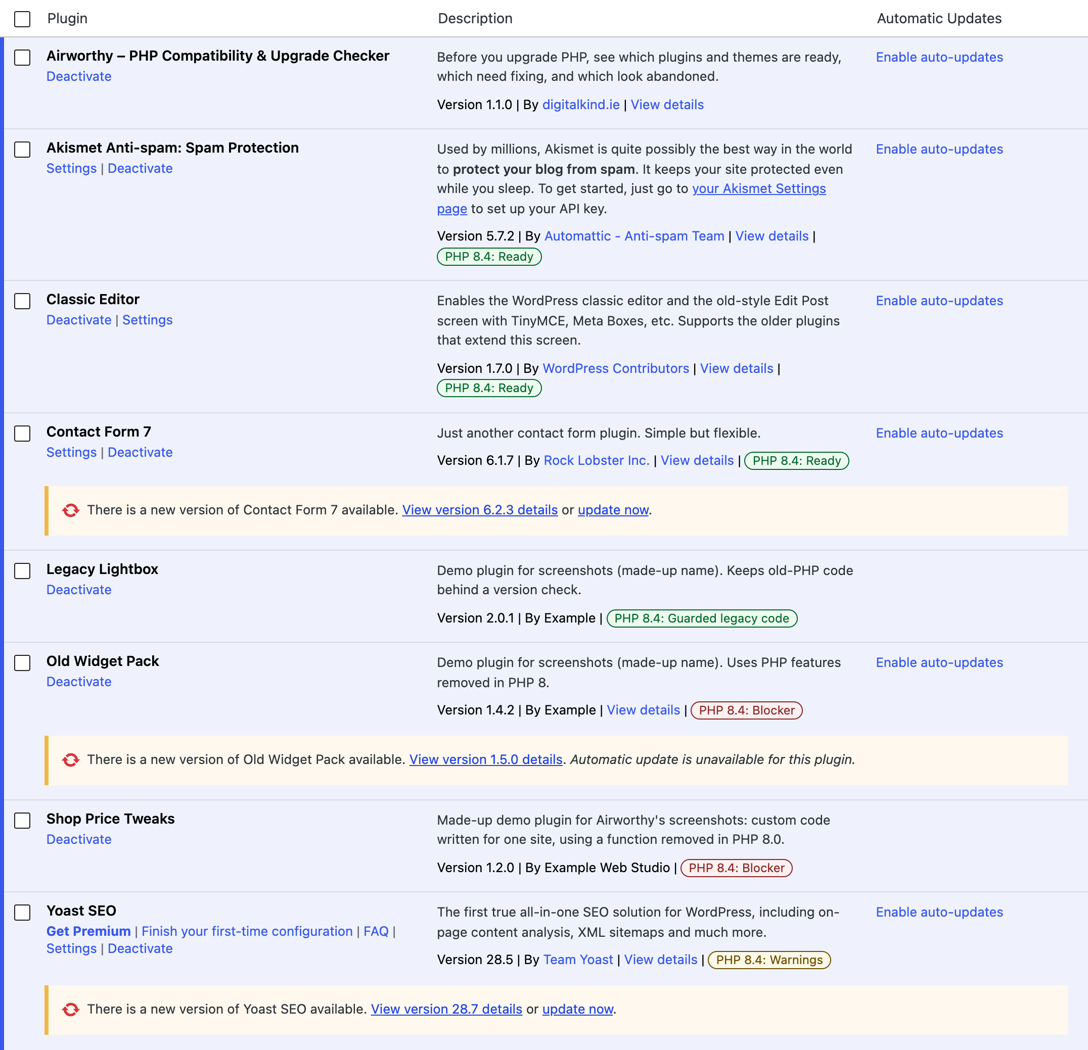 Each plugin's verdict on the Plugins screen, linking to its details.