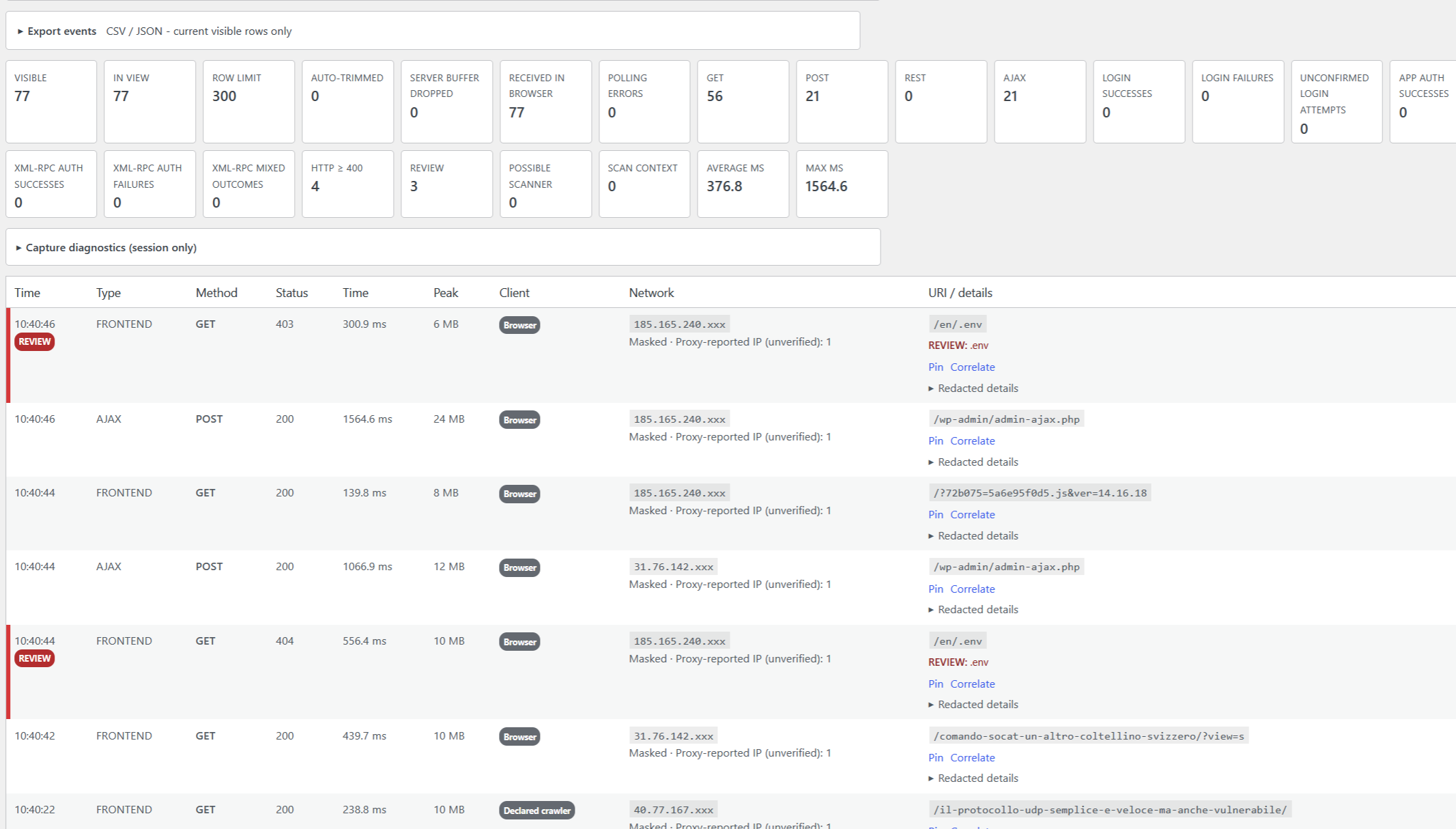 Expanded configuration panels for IP exclusions, search and filters, and display settings.