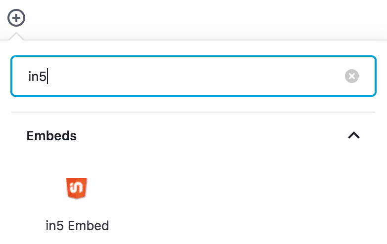 Filter by in5 to easily find it in the Gutenberg editor.