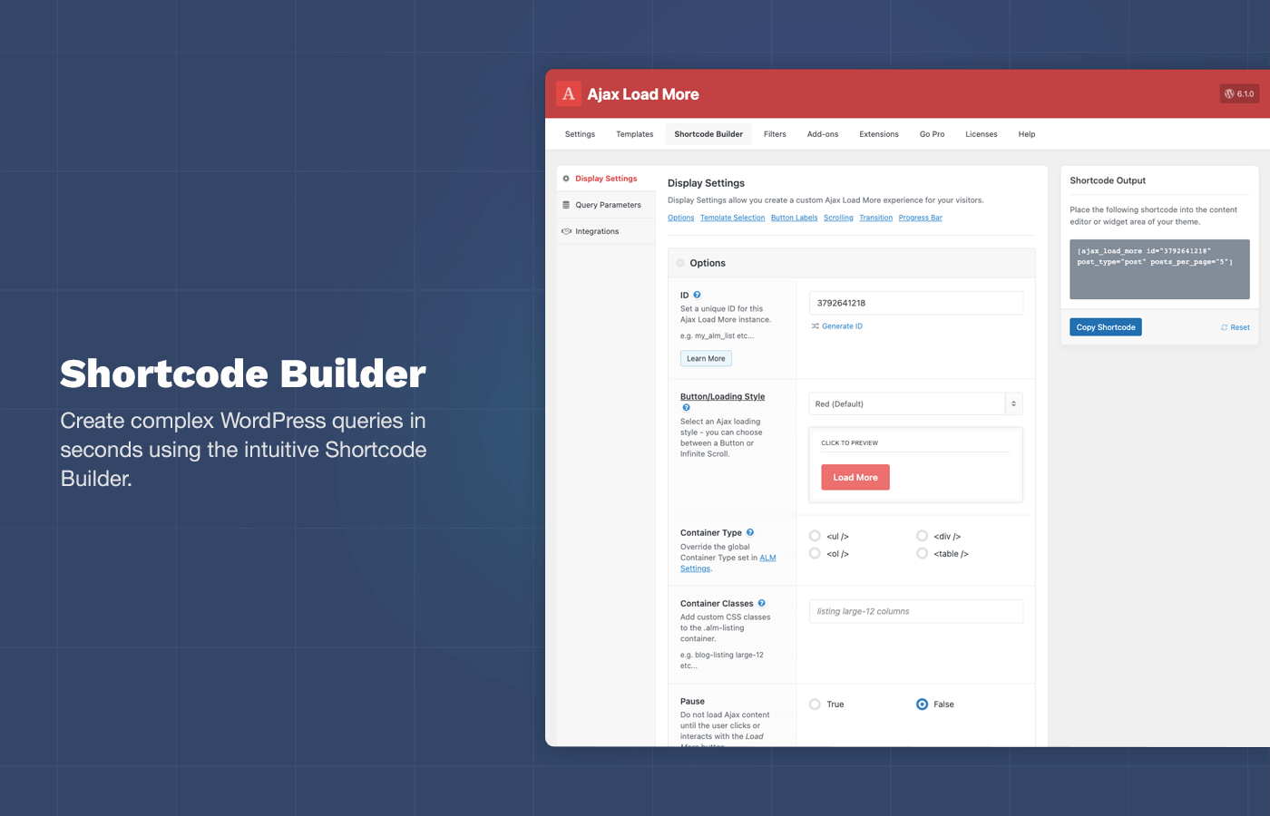 Screenshot of the Ajax Load More Shortcode Builder