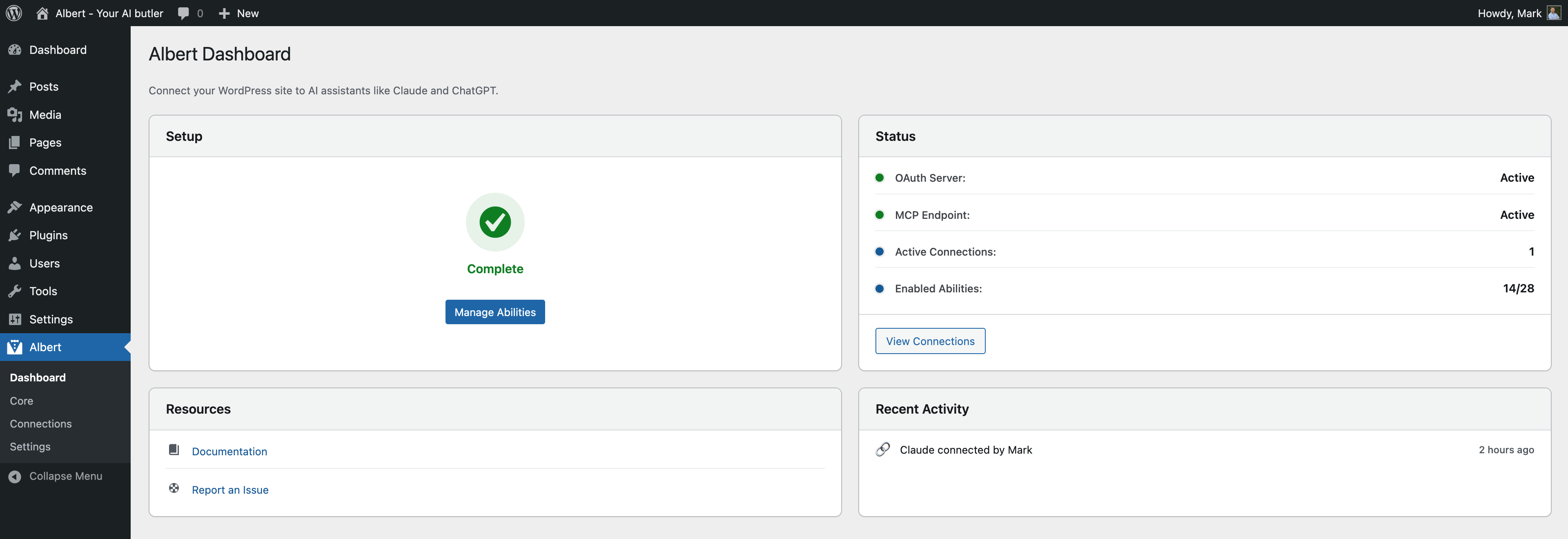 Albert dashboard with setup checklist and status overview