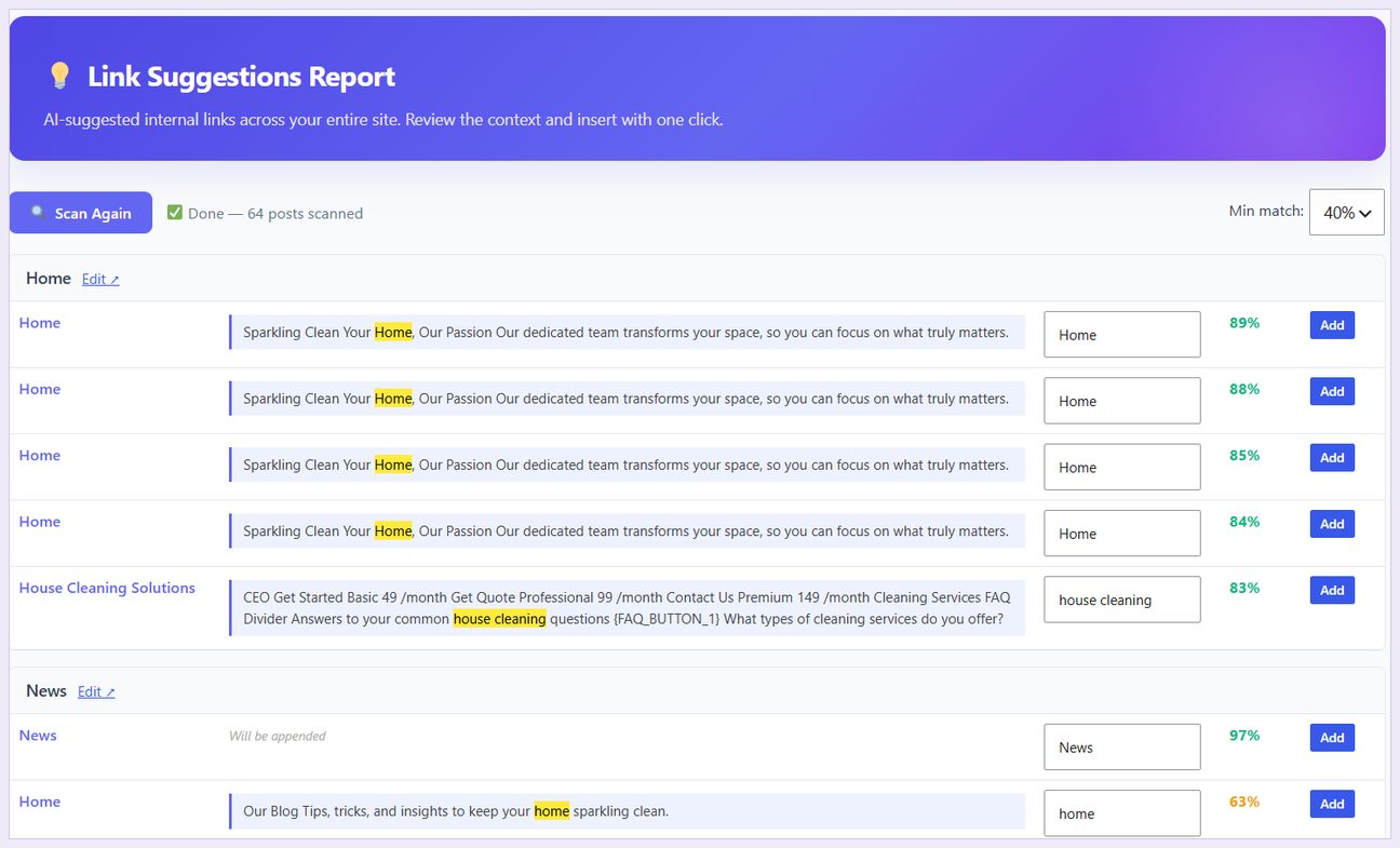 Site-wide link suggestions report with match scores and one-click insertion