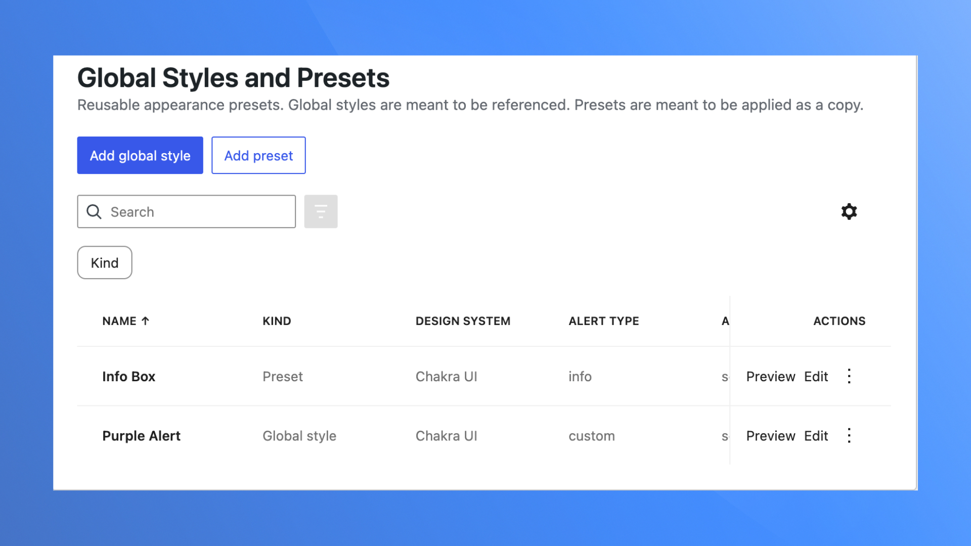 Global Styles apply across blocks and shortcodes, while Presets allow you to insert block variations for super quick alert creation.
