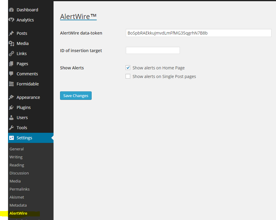 The plug-in settings screen, where you enter the <code>data-token</code> and select into what pages the script is injected.