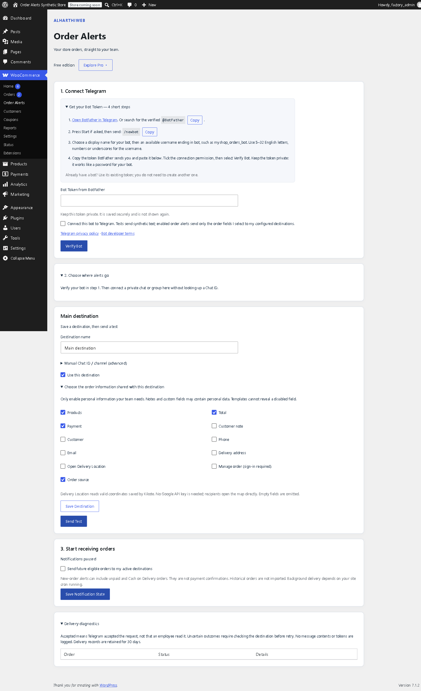 Choose order information and inspect delivery diagnostics.