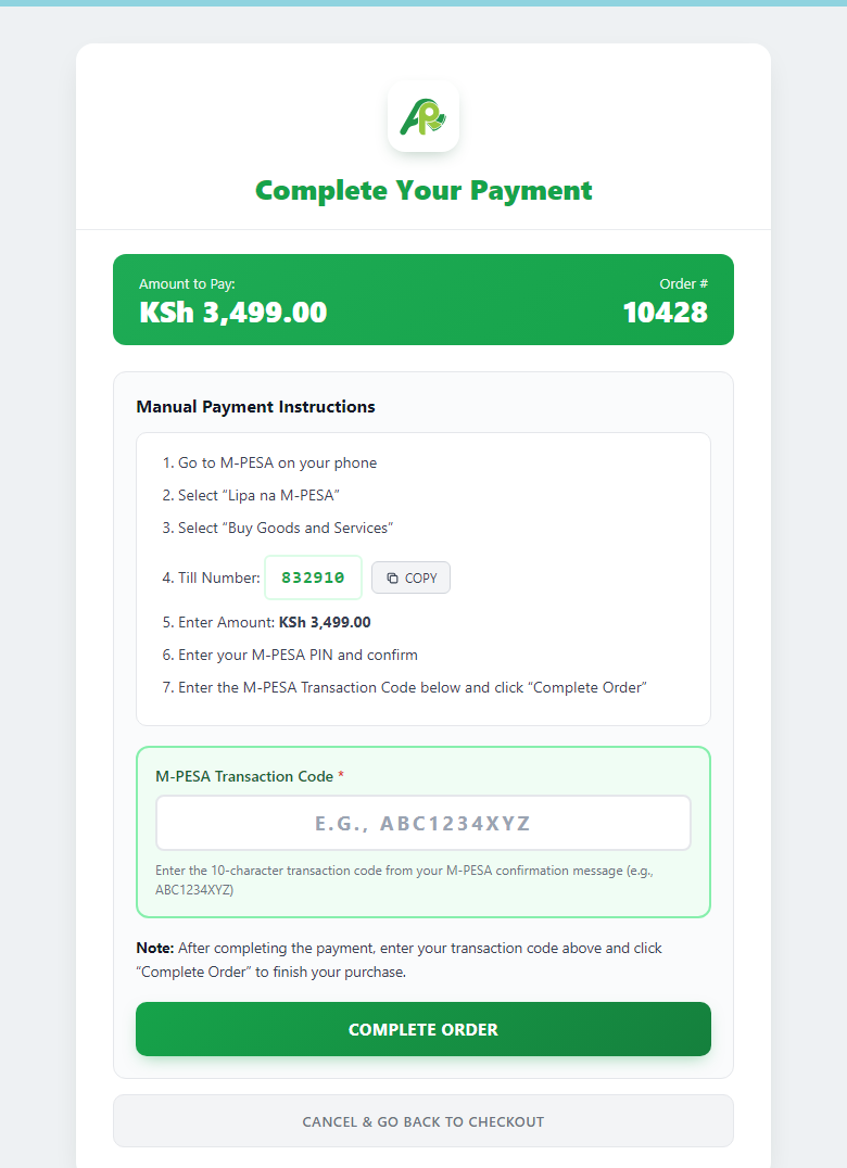 M-Pesa payment page — pay via Paybill or Buy Goods (Till) and enter your transaction code