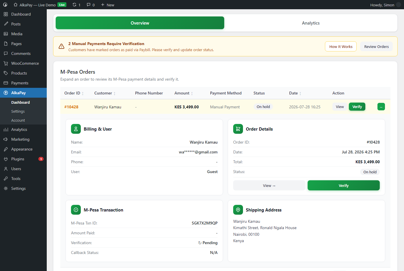 Order details showing M-Pesa transaction information