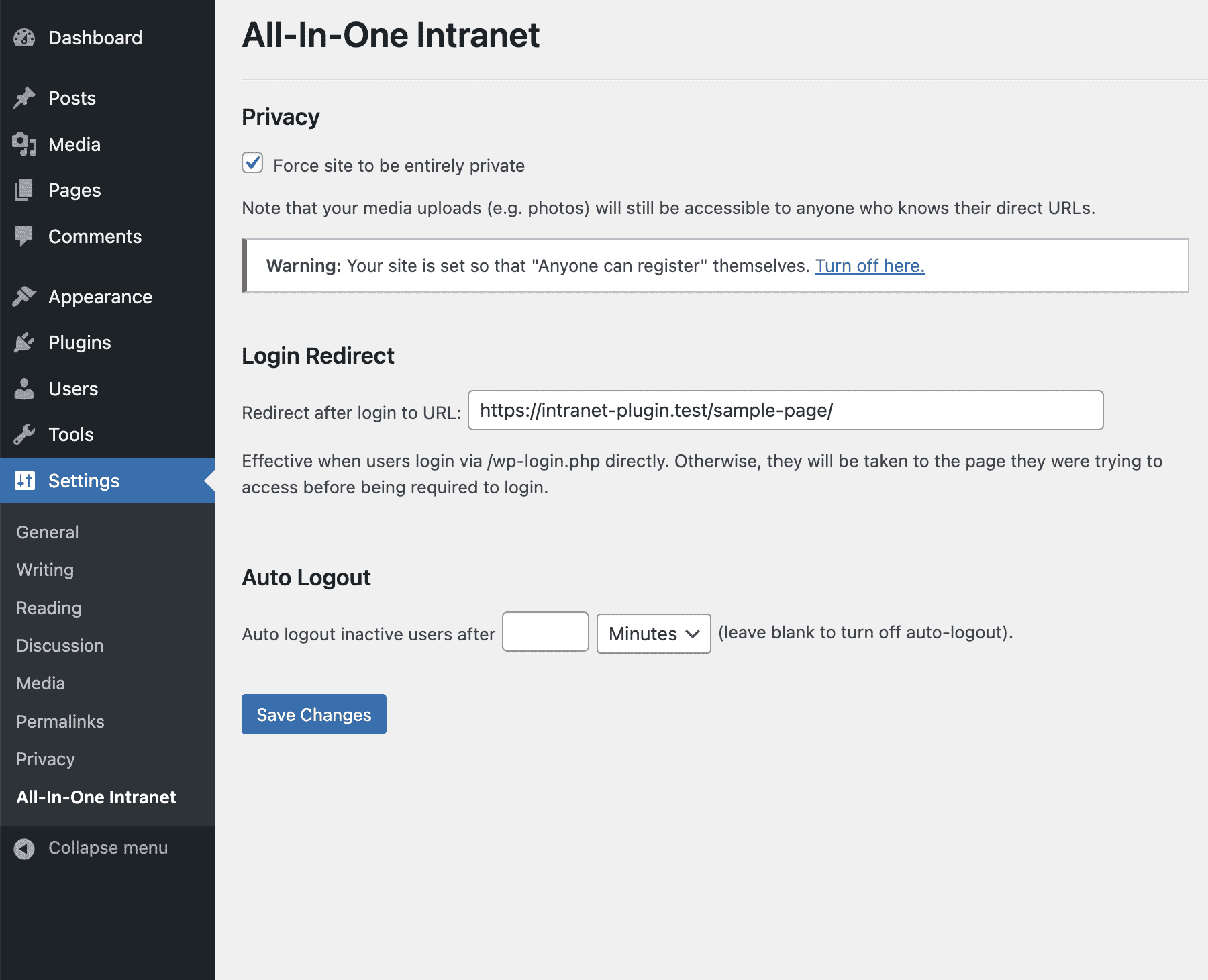 Regular settings page to configure intranet.