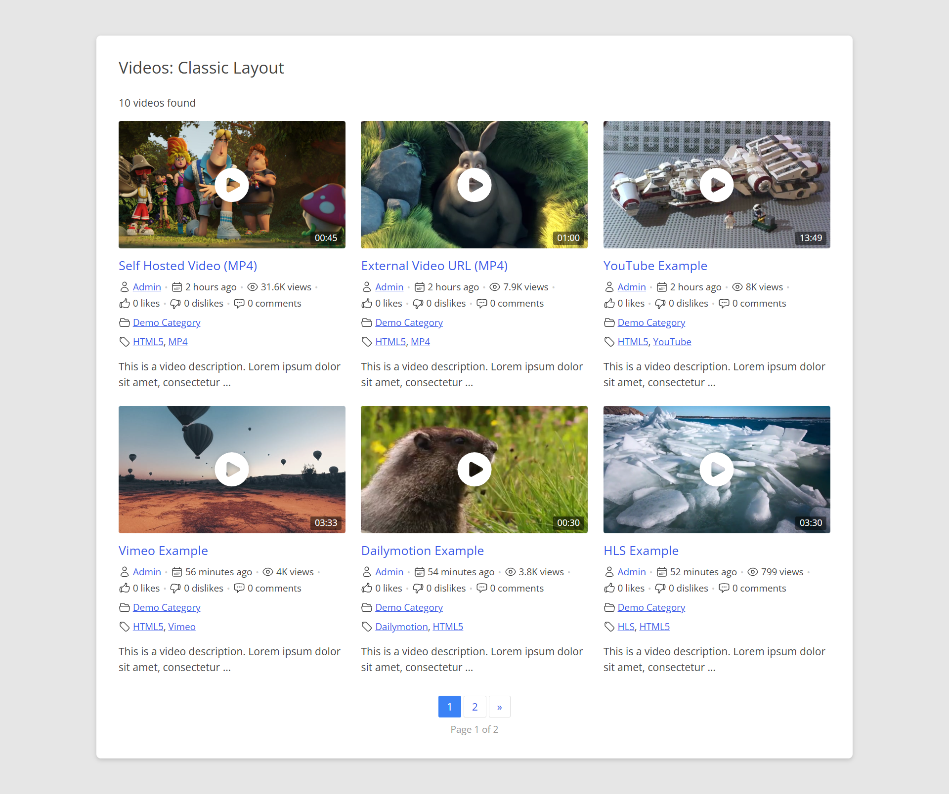 Video Gallery — "Classic" Template.