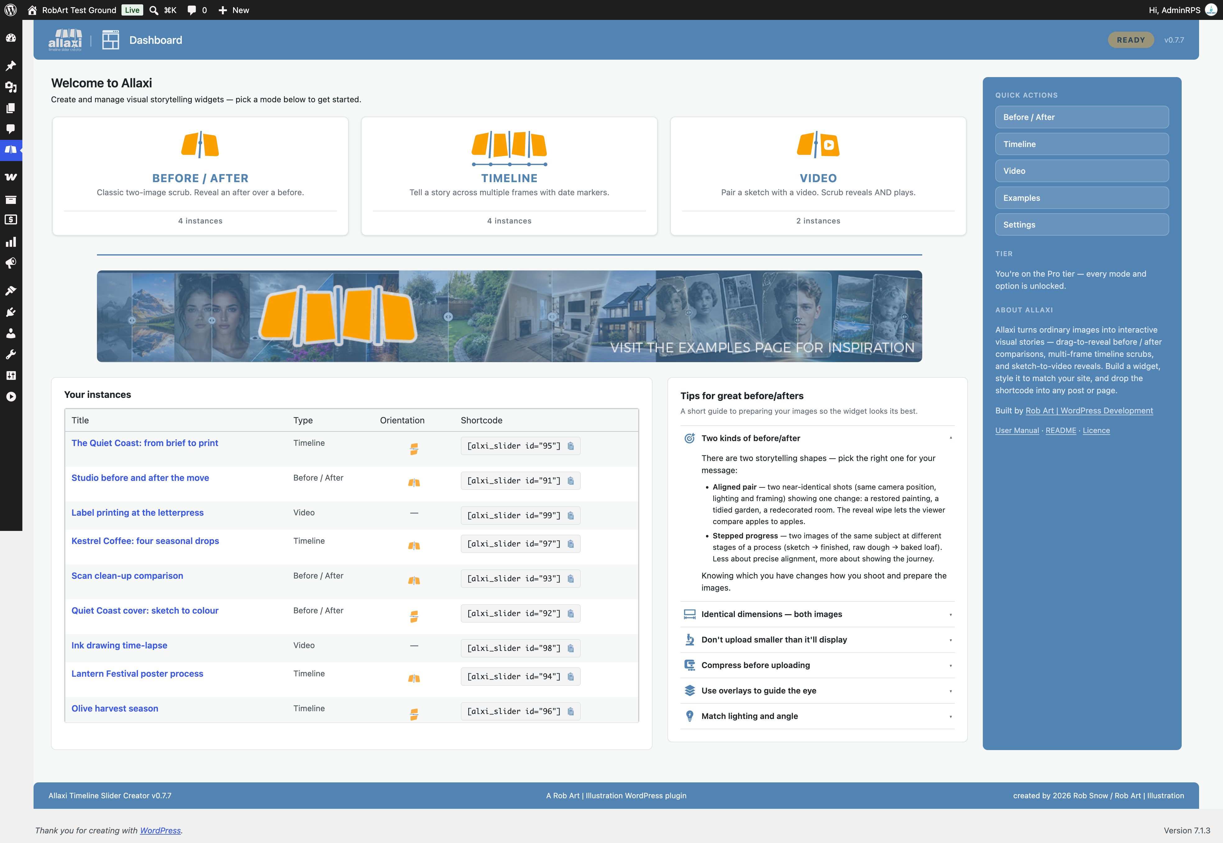 The Dashboard — pick a mode and see your recent widgets, with the shortcode for each ready to copy.