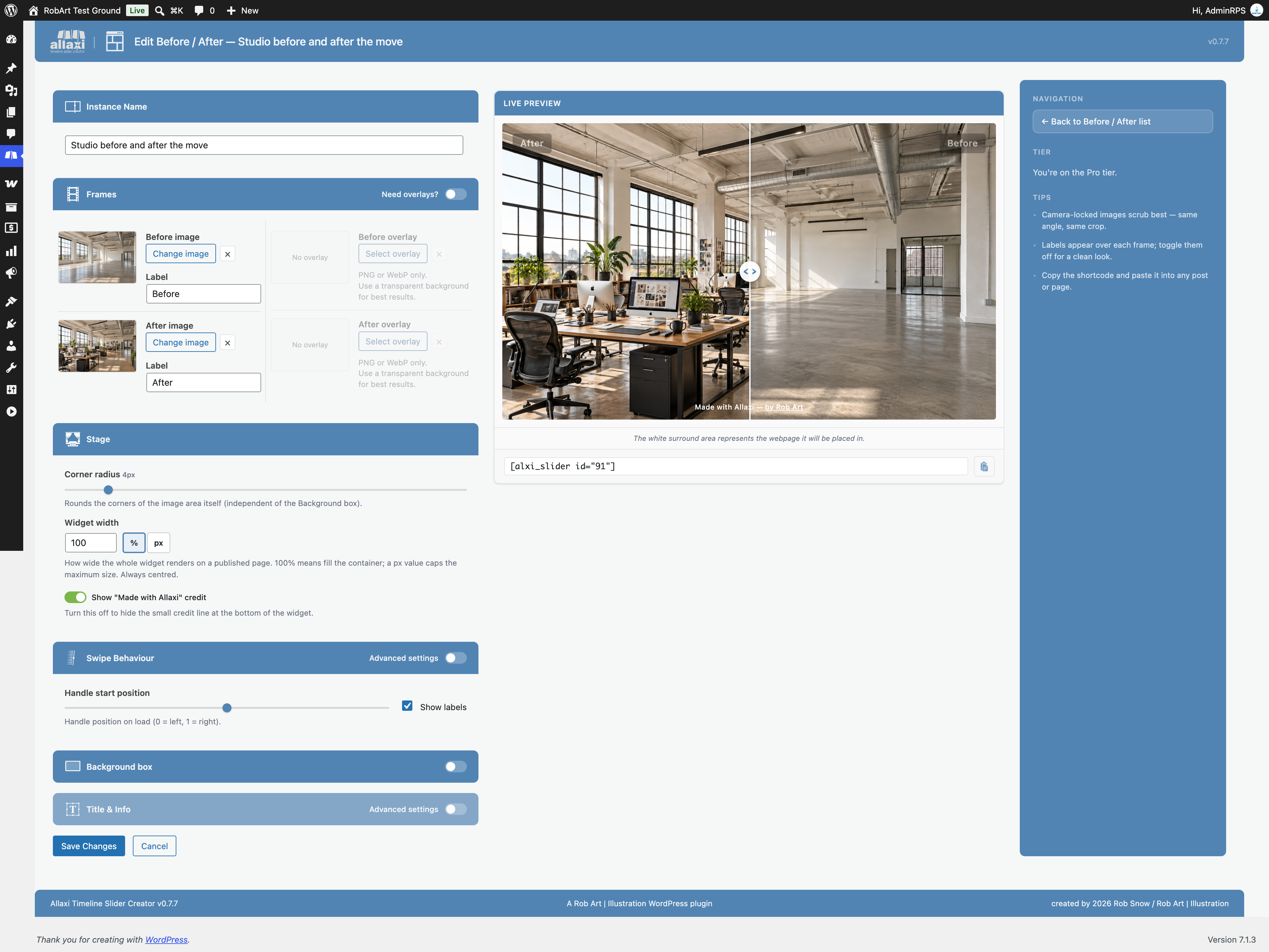 Before / After editor — choose your two images and style the reveal line, handle, labels and background box, with a live preview beside the controls.