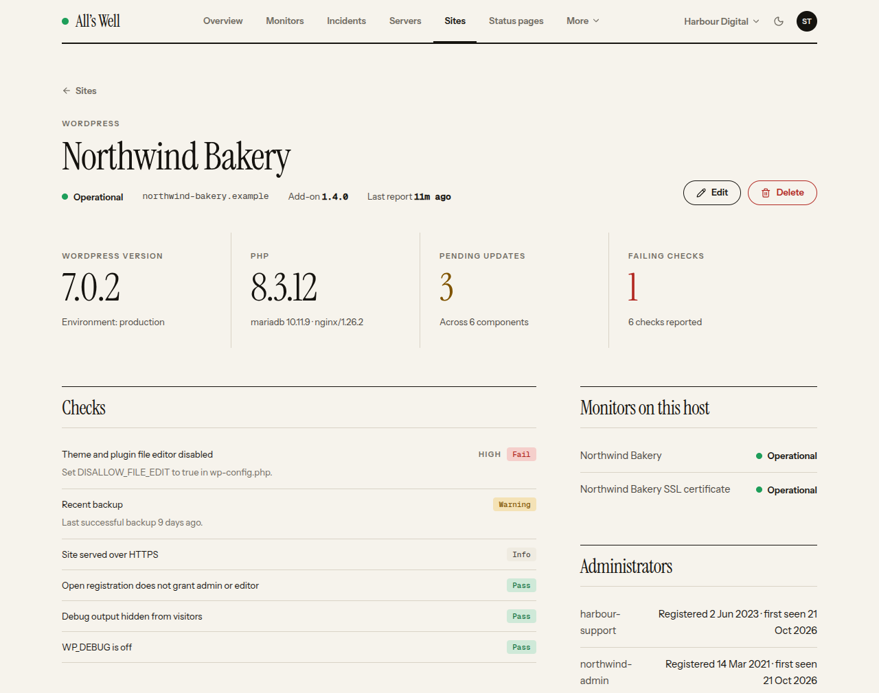 A site's page: its uptime and SSL checks, pending updates, settings and administrators.