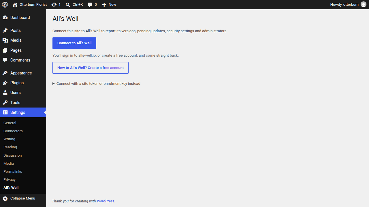 Settings → All's Well in WordPress, where one click connects the site.
