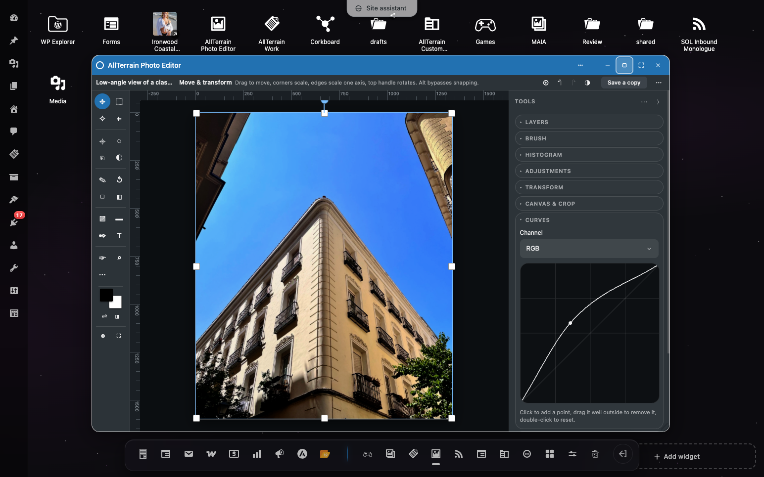 Curves, on RGB or on one channel at a time, against the photo being graded — the editor in its own window on the OpenStation desktop.